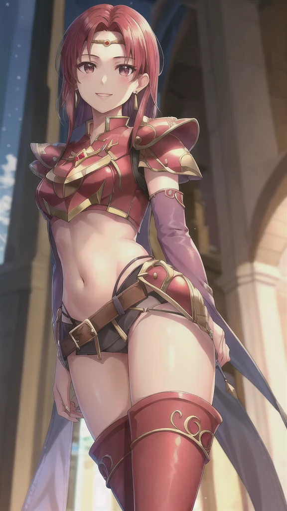  masterpiece, Best Quality,masterpiece, Best Quality, Young lady, Circlet, Earrings, armor, Elbow hand pockets,Thigh-high boots, Best Quality, smile, Standing, Reims, abdomen, abdomen, Long and thin navel,Thighs