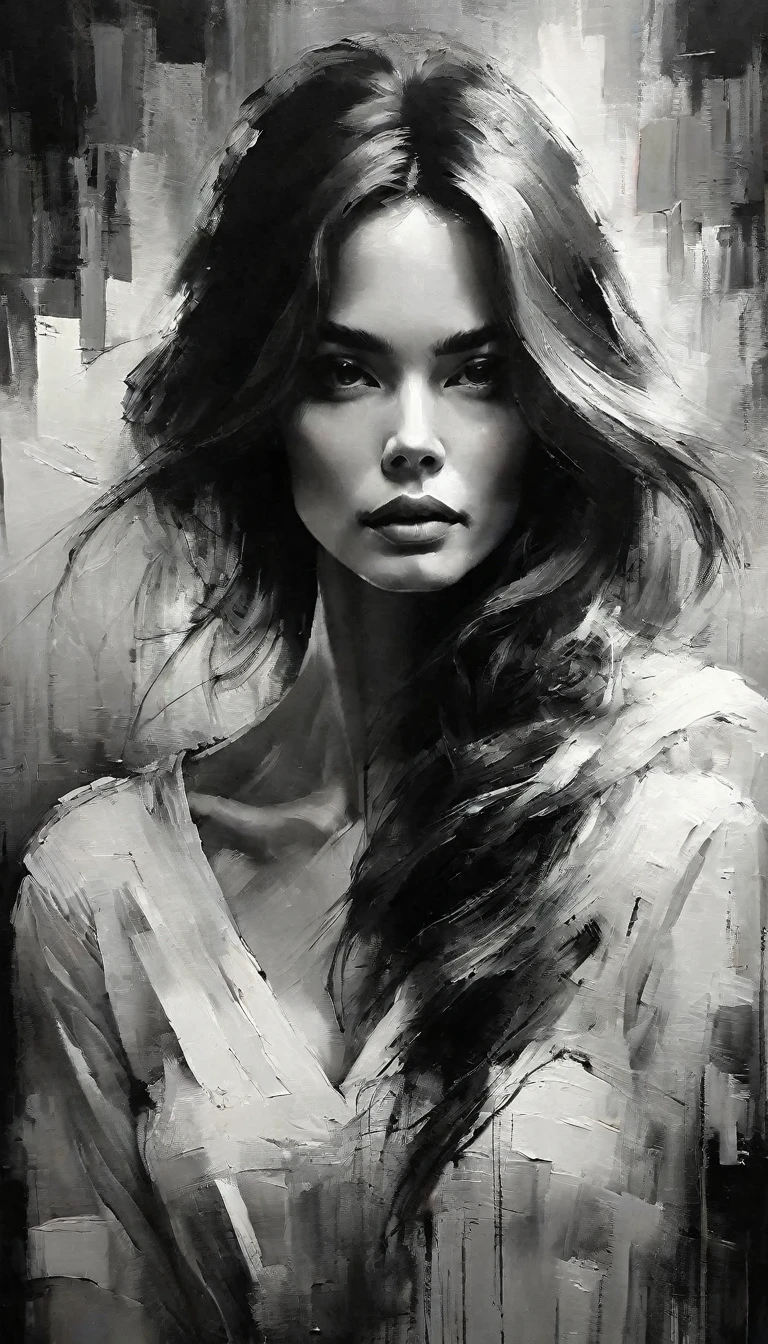 Masterpiece, best composition, best quality, perfect as wallpaper for your phone, black and white portrait of a woman with long hair, perfect beauty, work of art, beautiful artwork, expressive and beautiful, artistic drawing.