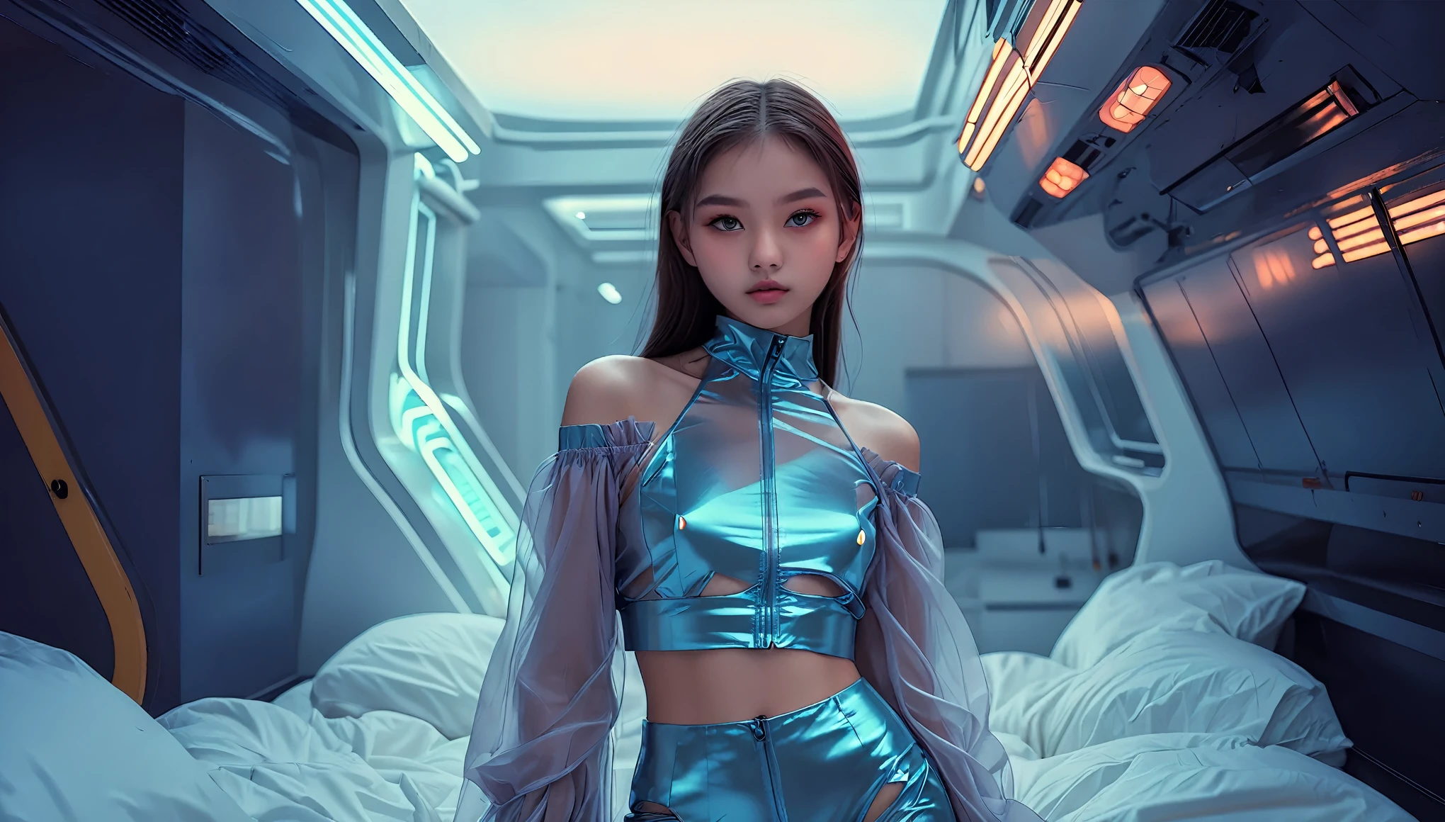 Top Quality, Masterpiece, High Resolution, 8k, wide objective, full body shot, (((skinny cute girl, barely legal, ), (oversized silky see-through puffer jacket with plunging cleavage, off-shoulder, short sleeves), mediumperky breasts, extremely detailed face, detailed eyes, thin eyebrow, detailed lips, no makeup, long slick ponytail side shaved hair, small hips, (in a spaceship, on a bed), dim light, dramatic and neon colors, futuristic setting, intricate details, at night, random pose, random neon colors))