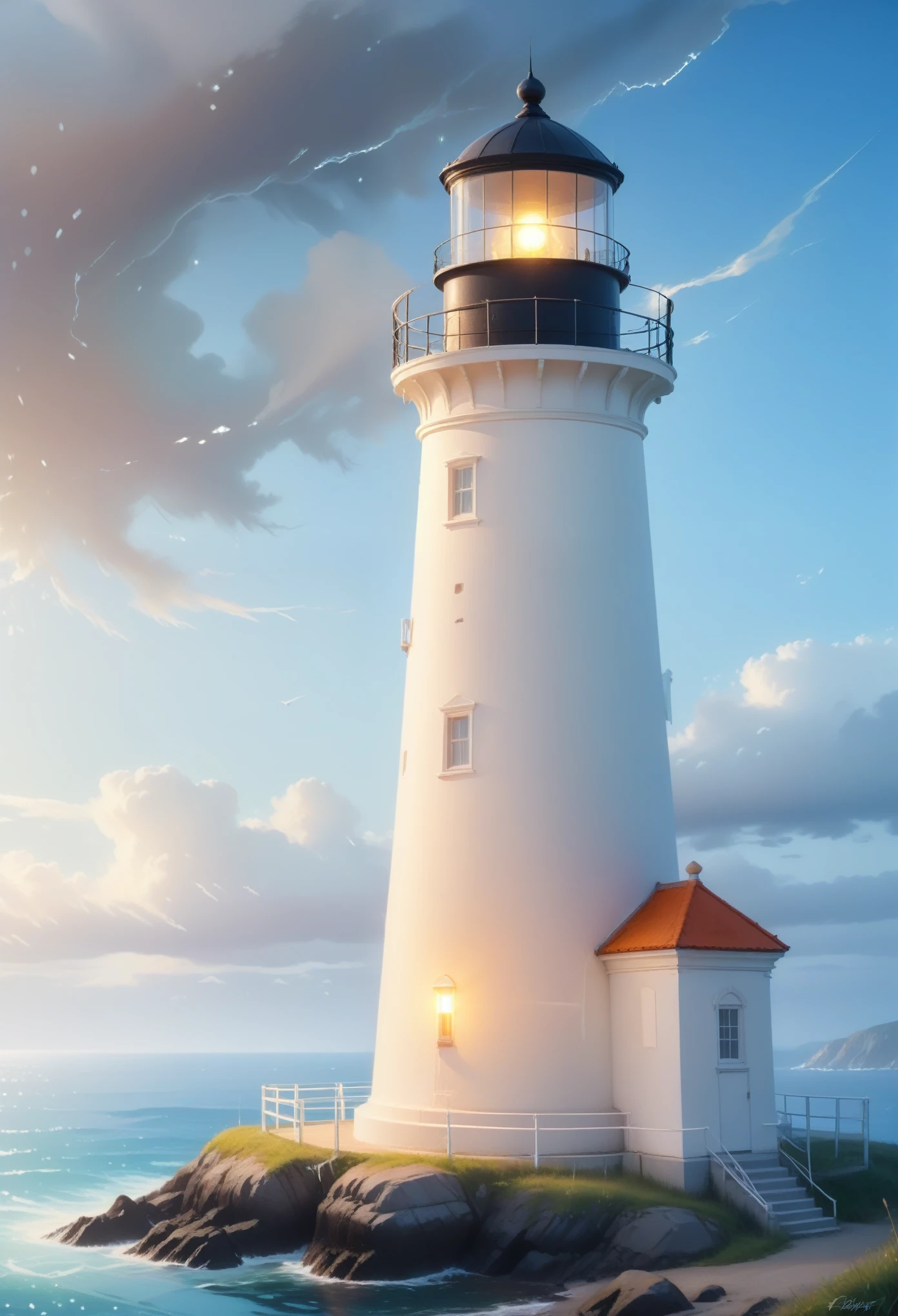 Lighthouse Mystery, Extremely detailed hyperrealism，Surrounded by glowing particles, Very detailed, J style.c. Reindecker, Ilya Kuvshinov