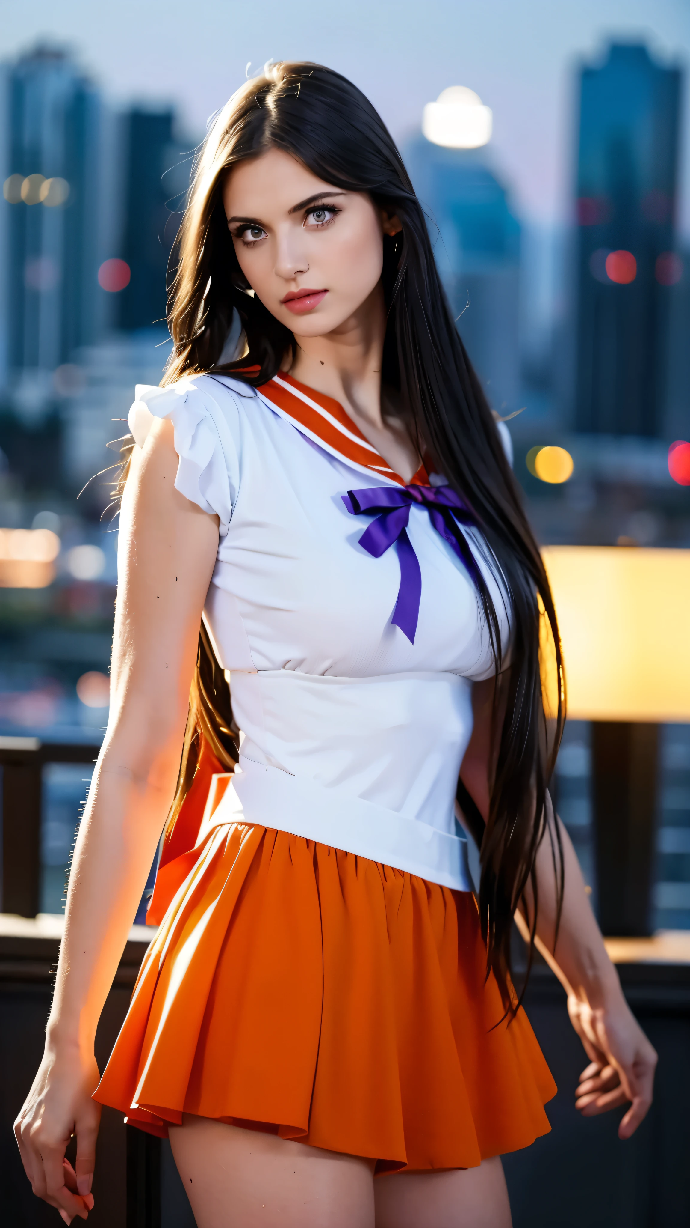 A beautiful woman named Kenzie Love ((wearing white sailor blouse with red square collars)), ((purple ribbon on chest)), (((wearing gold circlet on forehead))), ((wearing a red pleated skirt)), ((wearing long white forearm sleeves)), with long wavy black hair, huge breasts, looking at viewer, cityscape at night background with visible sky and moon, highly detailed, extremely realistic, photorealistic, 8K, HDR, physically-based rendering, vivid colors, natural lighting, dramatic lighting, elegant, sensual, alluring, closeup half body portrait, pale white skin, cinematic,