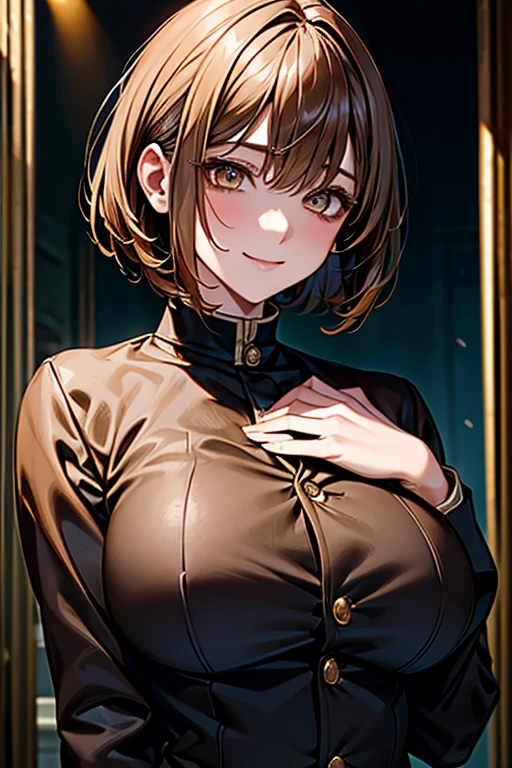 (Short bob dark yellow hair)、(((bangs)))、((Very dark copper eyes))、(Large Breasts:1.5)、smile、(School Blazer)、(Long sleeve)、(Jacket only)、(No bra)、(No shirt)、(masterpiece)、(Best Quality))、(Absurd)、(Most hetic)、(Upper Body)、(Staring at the audience、