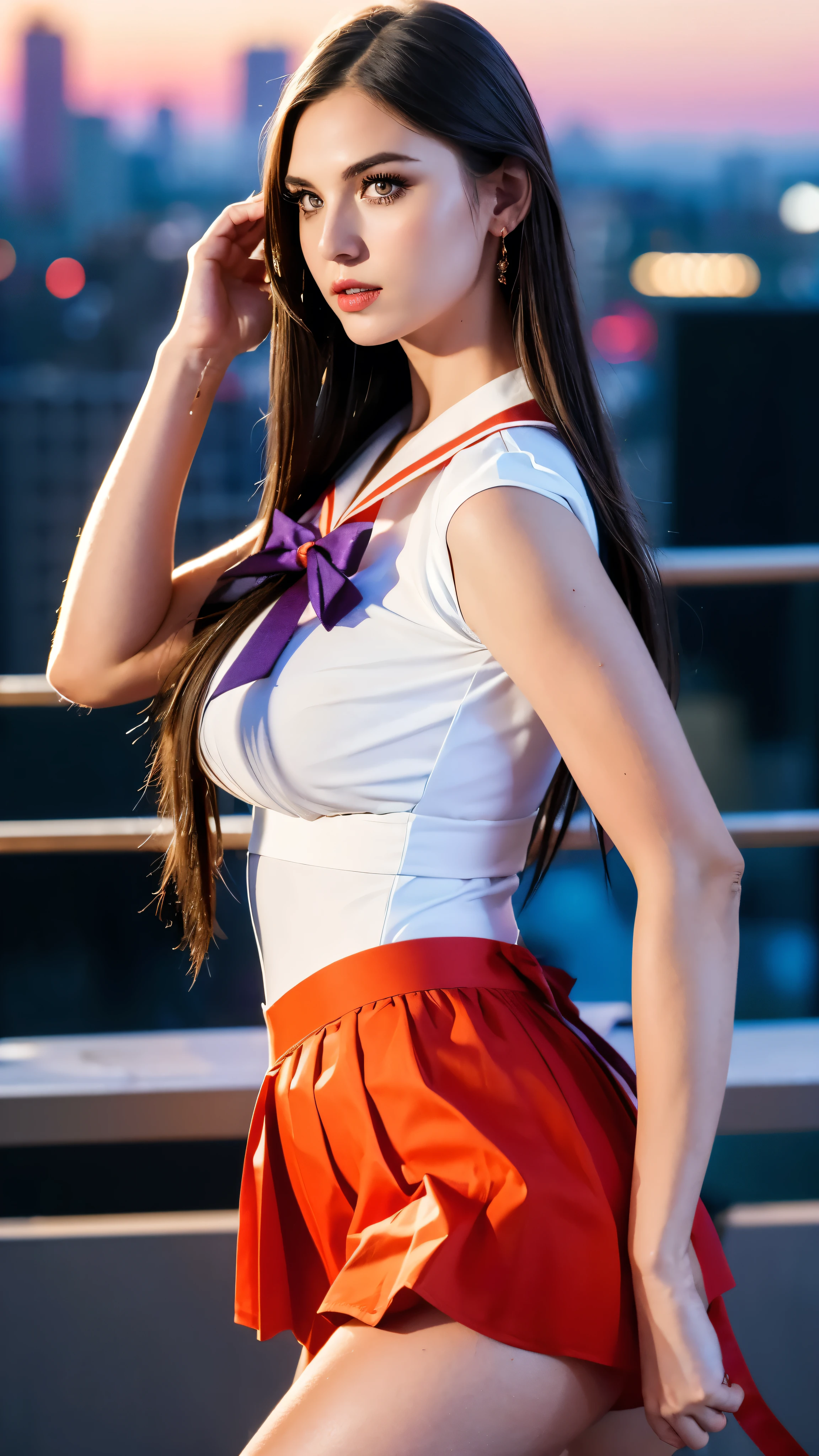 A beautiful woman named Kenzie Love ((wearing white sailor blouse with red square collars)), ((purple ribbon on chest)), ((with gold circlet on forehead)), ((wearing a red pleated skirt)), ((wearing long white forearm sleeves)), with long wavy black hair, huge breasts, big cleavage, looking at viewer, cityscape at night background with visible sky and moon, highly detailed, extremely realistic, photorealistic, 8K, HDR, physically-based rendering, vivid colors, natural lighting, dramatic lighting, elegant, sensual, alluring, closeup half body portrait, pale white skin, cinematic