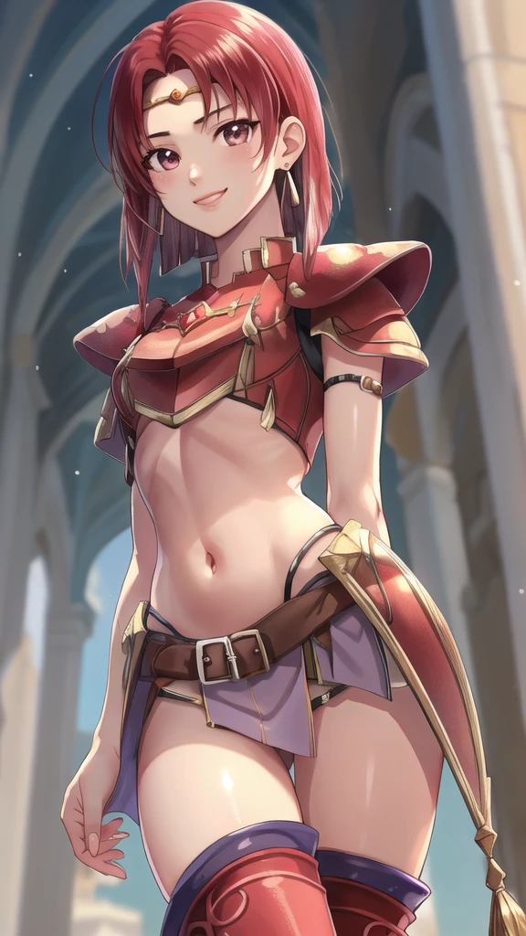  masterpiece, Best Quality,masterpiece, Best Quality, Young lady, Circlet, Earrings, armor, Elbow hand pockets,Thigh-high boots, Best Quality, smile, Standing, Reims, abdomen, abdomen, Long and thin navel,Thighs