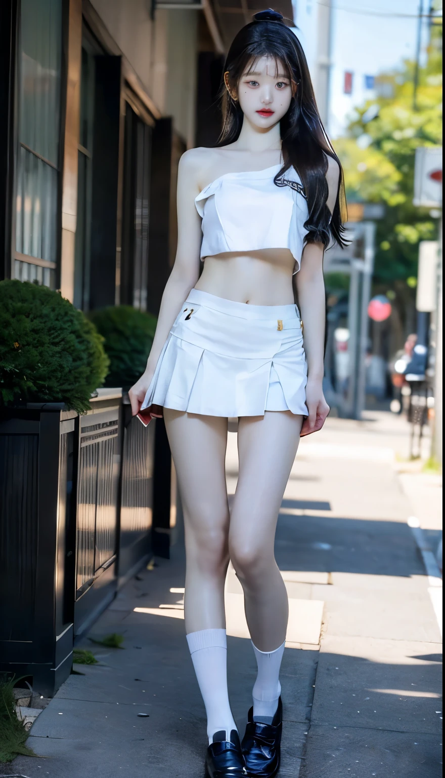 RAW, masterpiece, best quality, extremely detailed, 8k, HDR, photorealistic, intricate, A skinny Asian girl, she has an extremely slim body with narrow and small hips, long straight hair, cleavage, wearing a short sleeves shirt and extremely short black microskirt, smile, standing, outdoors