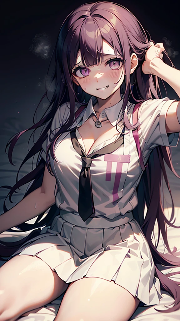 ((mikan tsumiki)),Long Hair,Purple Hair,(Purple eyes:1.1),bangs, blunt bangs,Patsun,((in danganronpa styles:1.4)), shy break (apron), bandageを巻かれた足,bandage,collared shirt, miniskirt,(pink shirt), pleated skirt, puffy Short sleeve, Puff sleeves,shirt,Short sleeve,skirt,two-tone shirt, White apron, white shirt,break looking at viewer,break ((sitting on the bed:1.1)),(dark bed room),(dark room),Spread your arms,Sleeveless, (Place your arms behind your head),
break (masterpiece:1.2),High resolution, Unity 8K Wallpapers, (figure:0.8), (Detailed eyes:1.5),Highly detailed face, Perfect lighting, Highly detailed CG,(Perfect hands, Perfect Anatomy),(blush:1.1),(embraced:1.1),((whirlpool eyes:1.4)),((vulgarity ahegao:1.4)),((messy hair:1.3)),(big eyes:1.2),((mental broken:1.3)),((crazy smile:1.4)),(evel grin:1.3),((aroused:1.2)),((ecstasy:1.3)),hands own cheek,(((extremely vulgarity:1.3))),((swirl eyes:1.3)),(disappear:1.2),((white heavy breathing:1.3)),(in heat:1.2),((white thin steam:1.3)),(nsfw:1.3),((bold seductive:1.3)),(sweaty:1.2),((Fatty face:1.1))