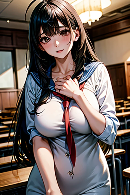 NSFW、(Lots of girls giving handjobs:1.3)、(Sailor suit)、(Large Breasts)、(Voluminous long black hair)、(Ahoge)、(Semen on bangs:1.3)、(Cum on face and chest:1.2)、(Facial:1.3)、(Lots of sperm threads:1.4)、(Facial:1.3)、(Surrounded by female students:1.3)、(Inside the school)、(In the classroom)、(Looking at the audience)、From below、((masterpiece))、((Best Quality))、((8K Portrait))、