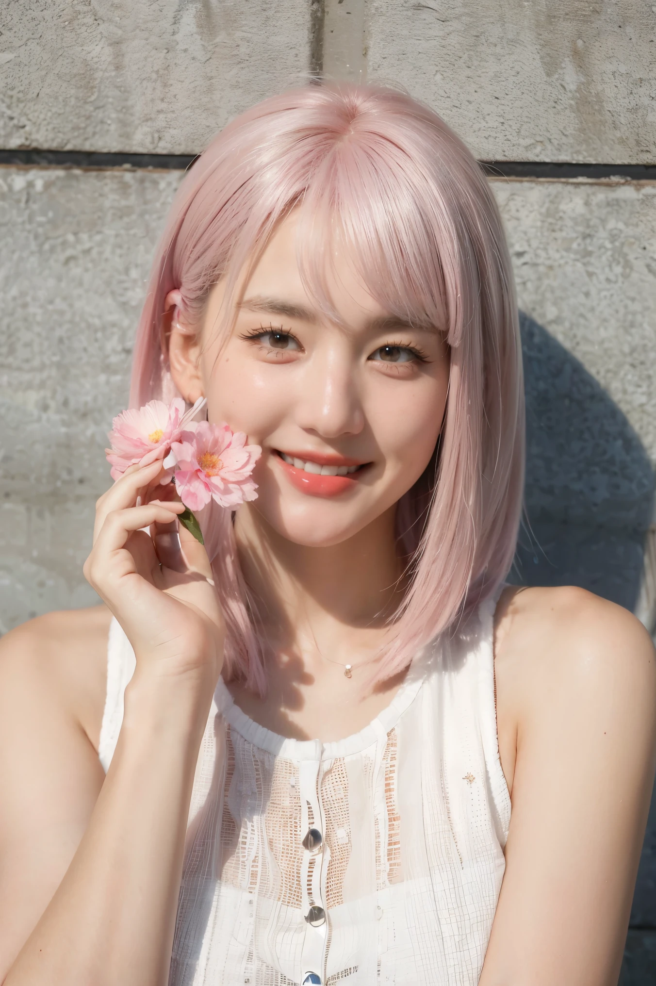 masterpiece, best quality, 1girl, white hair, smiling, looking at the viewer, adult, fully mature, holding flower, pink hair