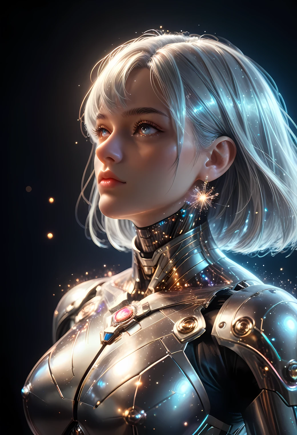 UHD, ((masterpiece)), (super detail:1.2), high quality, best quality, highres, 8k, cinematic lighting, sparkle, motion lines, Metallic body, silver hair, psychedelic, silver coated body, Metal Suit