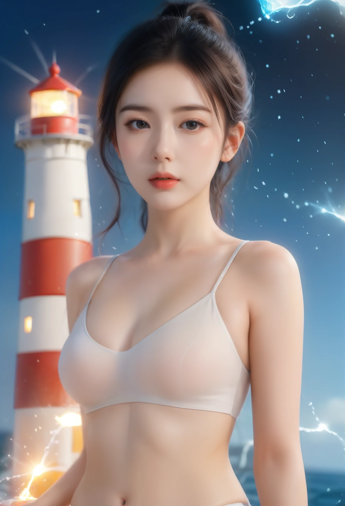 Lighthouse Mystery, Extremely detailed hyperrealism,Surrounded by glowing particles, Very detailed, J style.c. Reindecker, Ilya Kuvshinov,A girl