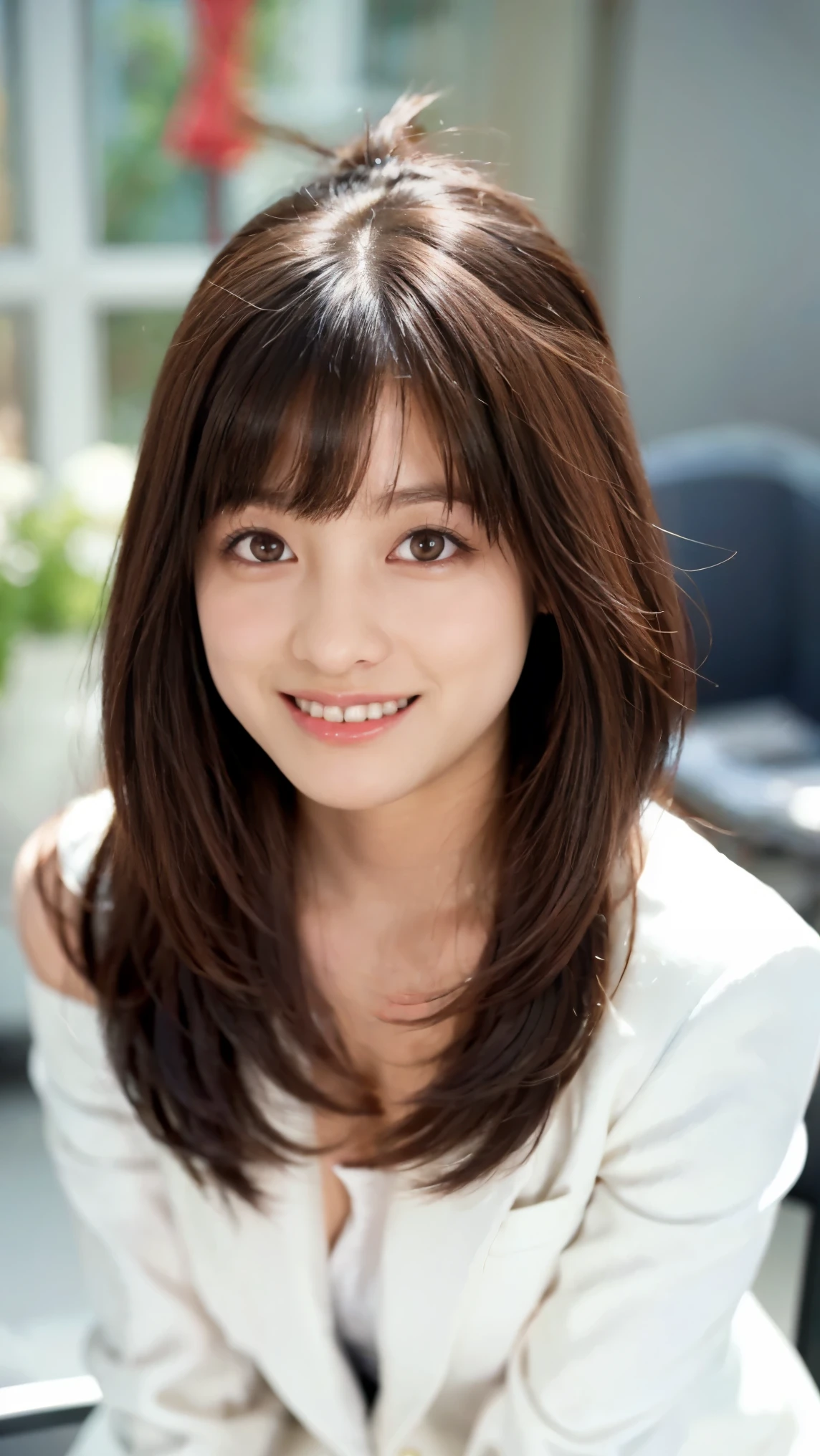 Professional headshot of a Japanese female news anchor in her twenties. Slightly asymmetrical, oval face, bright almond-shaped eyes, small nose, dazzling smile and full lips, shiny black shoulder-length hair, wearing white blazer, sitting at news desk facing front, arms down. Skin is underexposed. Upper body. Broad background. Toothy smile.