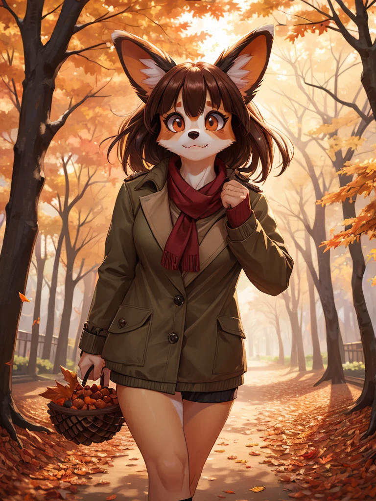 Realistic image 3d anime style frontal nude woman wearing a red hoodie with basket of apples in forest talking to werewolf