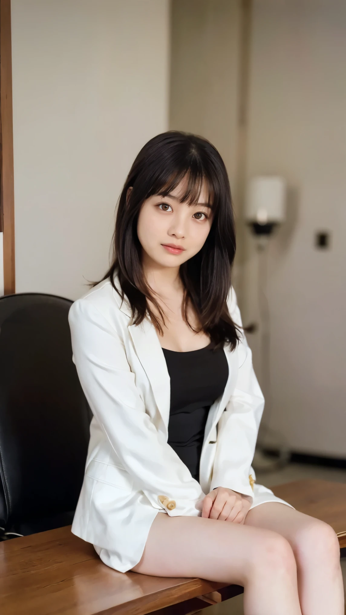 Professional headshot of a Japanese female news anchor in her twenties. Slightly asymmetrical, oval face, bright almond-shaped eyes, small nose, dazzling smile and full lips, shiny black shoulder-length hair, wearing white blazer, sitting at news desk facing front, arms down. Skin is underexposed. Upper body. Broad background. Mysterious face.