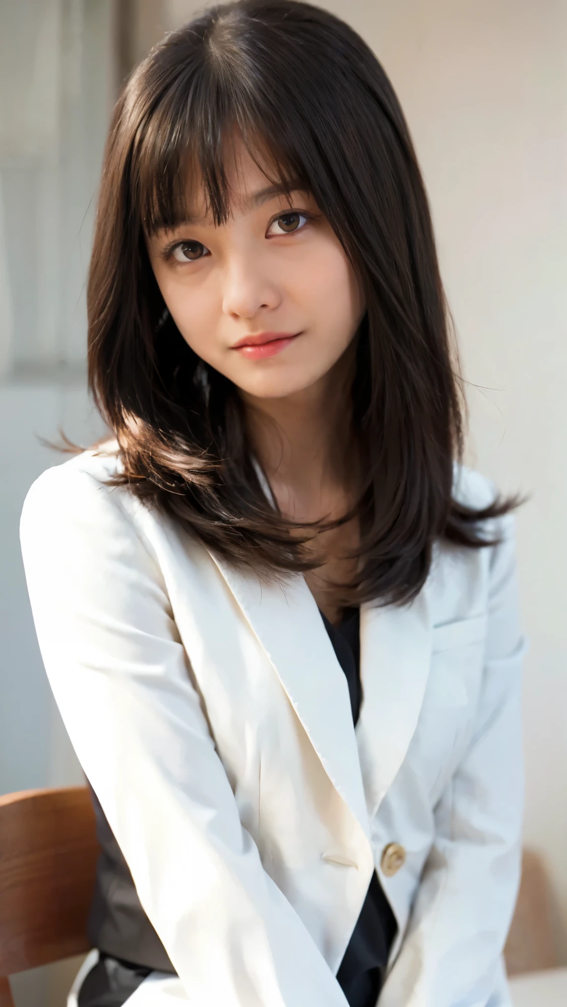 Professional headshot of a Japanese female news anchor in her twenties. Slightly asymmetrical, oval face, bright almond-shaped eyes, small nose, dazzling smile and full lips, shiny black shoulder-length hair, wearing white blazer, sitting at news desk facing front, arms down. Skin is underexposed. Upper body. Broad background. Serious face.