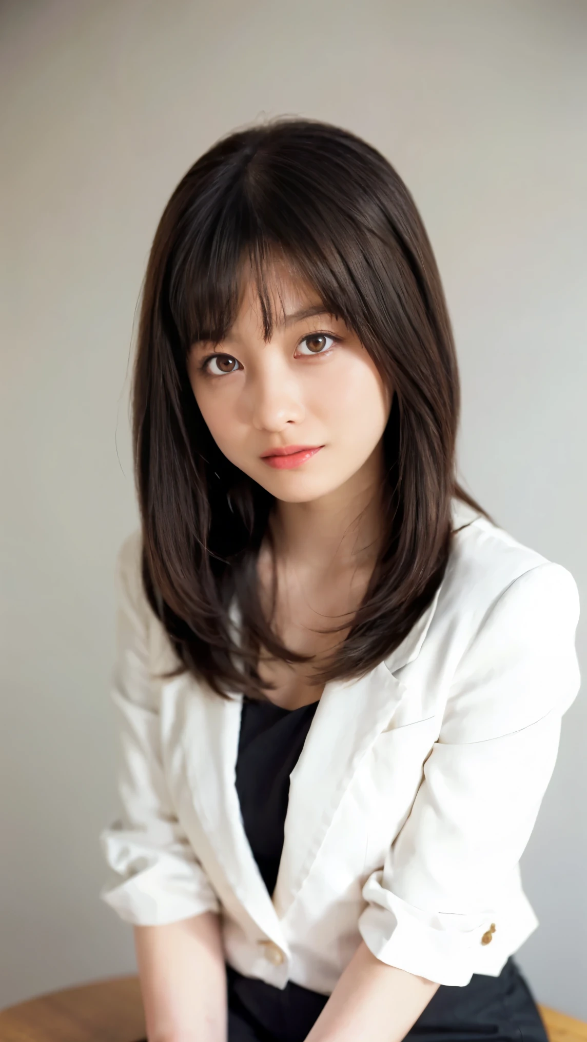 Professional headshot of a Japanese female news anchor in her twenties. Slightly asymmetrical, oval face, bright almond-shaped eyes, small nose, dazzling smile and full lips, shiny black shoulder-length hair, wearing white blazer, sitting at news desk facing front, arms down. Skin is underexposed. Upper body. Broad background. Sad face.