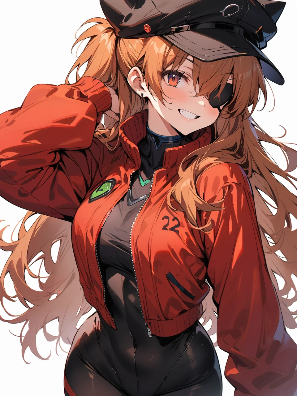 (masterpiece, Best Quality, detailed), One Girl, Simple Background、Cowboy Shot,
Soryu Asuka Langley, Red jacket, underwear bodysuit,Cat hat, Eye patch,  (tape)  smile