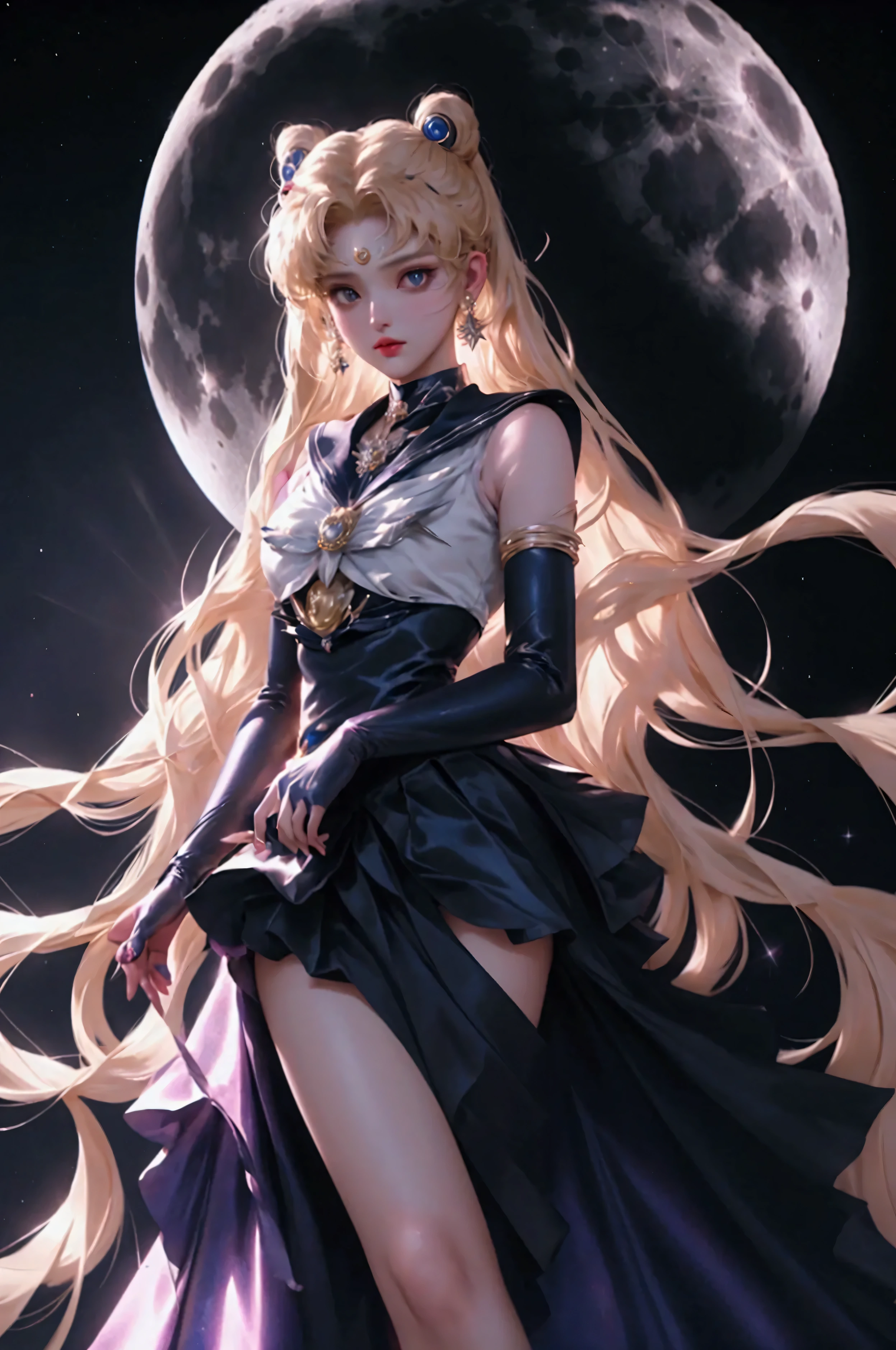 Sailor Moon, Moon, hair made of starlight, wearing a gorgeous gown, starlight, very clear details, black background, 8k, HCD，Short skirt，Blonde hair，The moon will destroy you