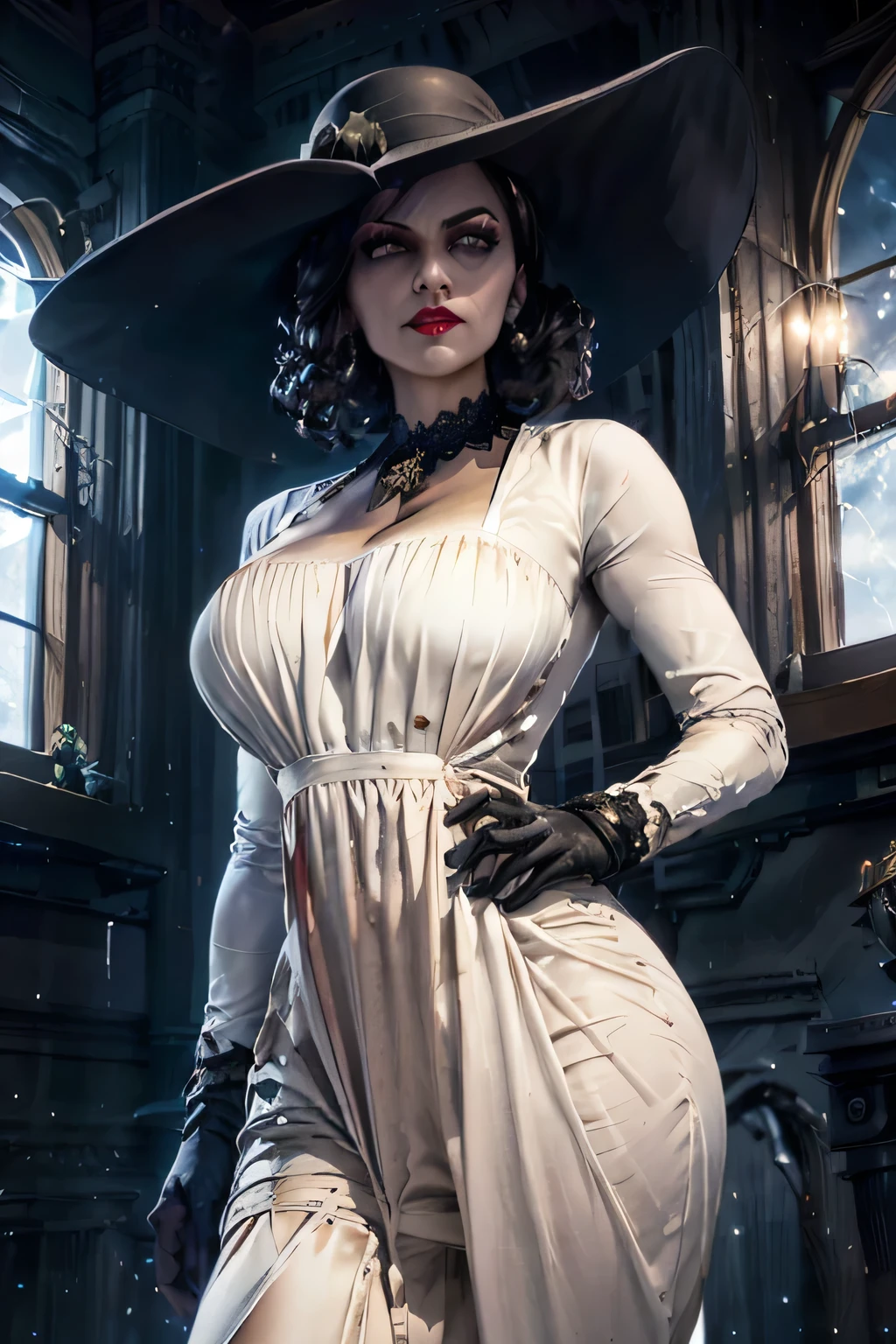 1 girl, COWBOY SHOT, white dress, black sun hat, black flower, Evening, old dark victorian mansion, window, looking at the viewer, Particles, volumetric lighting, The best quality, masterpiece, intricate details, toning, sharp focus, hyper detailed, realistic, Dimitrescu, , big breasts, Women alta, light skin, Women,