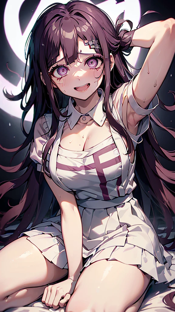 ((mikan tsumiki)),Long Hair,Purple Hair,(Purple eyes:1.1),bangs, blunt bangs,Patsun,((in danganronpa styles:1.4)), shy break (apron), bandageを巻かれた足,bandage,collared shirt, miniskirt,(pink shirt), pleated skirt, puffy Short sleeve, Puff sleeves,shirt,Short sleeve,skirt,two-tone shirt, White apron, white shirt,break looking at viewer,break ((sitting on the bed:1.1)),(dark bed room),(dark room),Spread your arms,Sleeveless, (Place your arms behind your head),
break (masterpiece:1.2),High resolution, Unity 8K Wallpapers, (Detailed eyes:1.5),Highly detailed face,(Perfect hands, Perfect Anatomy),(blush:1.1),(embraced:1.1),((whirlpool eyes:1.4)),((vulgarity ahegao:1.4)),((messy hair:1.3)),(big eyes:1.2),((mental broken:1.3)),((crazy smile:1.5)),(evel grin:1.3),((aroused:1.2)),((ecstasy:1.3)),hands own cheek,(((extremely vulgarity:1.5))),((swirl eyes:1.4)),(disappear:1.2),((white heavy breathing:1.3)),(in heat:1.2),((white thin steam:1.3)),(nsfw:1.3),((bold seductive:1.3)),(sweaty:1.2),((Fatty face:1.2)),(orgasm:1.1),((vulgarity face:1.5))