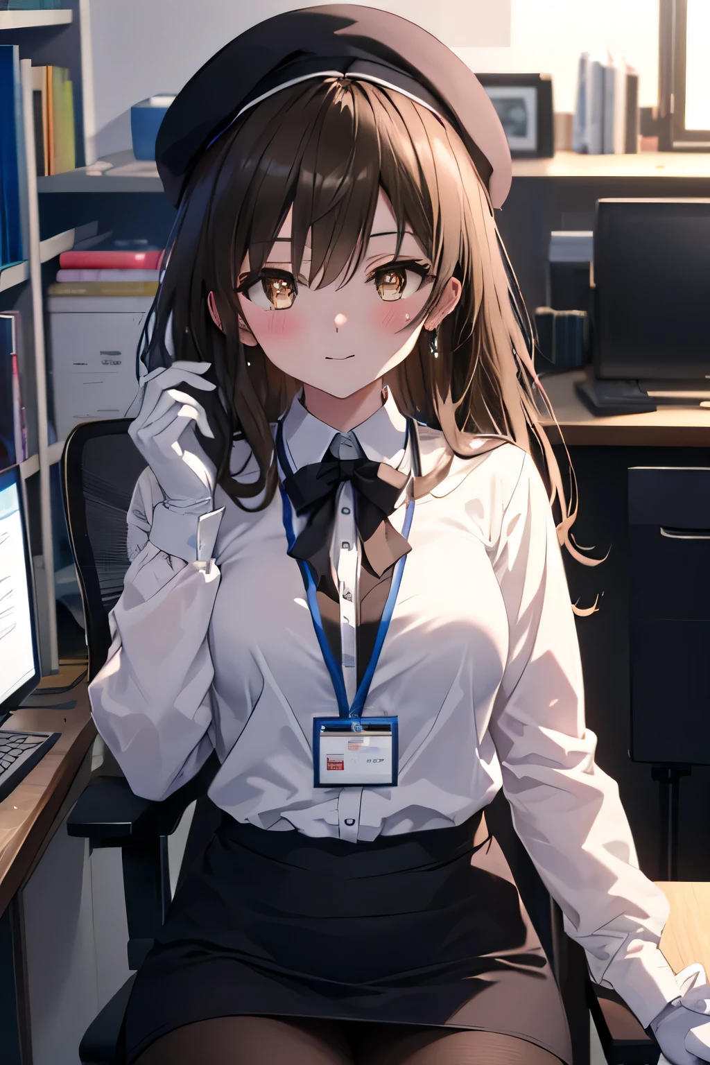 kotegawayui, Yui Kotegawa, black hair, (brown eyes:1.5), smile,blush,collect,long hair, OL, Gafas Black Abyss, Black Beret, white gloves, end, Black suit jacket, jacket with collar, White Dress Shirt, una Espada en la office, black pantyhose, Shirt with collar, neckline, button, correa, ID card on the neck, black pencil skirt, smile, blush, looking at the viewer, Charm, mechanic,on your computer,Sitting on a chair, interior,Pausa de toque ciego looking at the viewer, BREAK indoors, office, BREAK (masterpiece:1.2), highest quality, high resolution, unit 8k wallpaper, (cipher:0.8), (Detailed and beautiful eyes.:1.6), Very detailed face, perfect lighting, Very detailed CG, (perfect hands, perfect ),