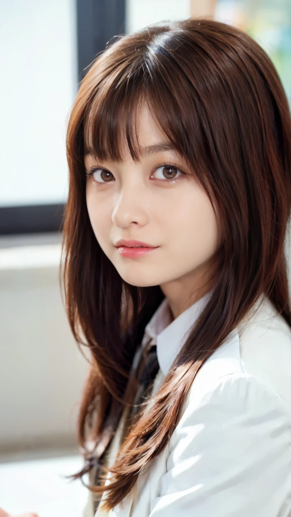 Professional headshot of a Japanese female news anchor in her twenties. Slightly asymmetrical, oval face, bright almond-shaped eyes, small nose, dazzling smile and full lips, shiny black shoulder-length hair, wearing white blazer, sitting at news desk facing front, arms down. Skin is underexposed. Upper body. Broad background. Depressed face.