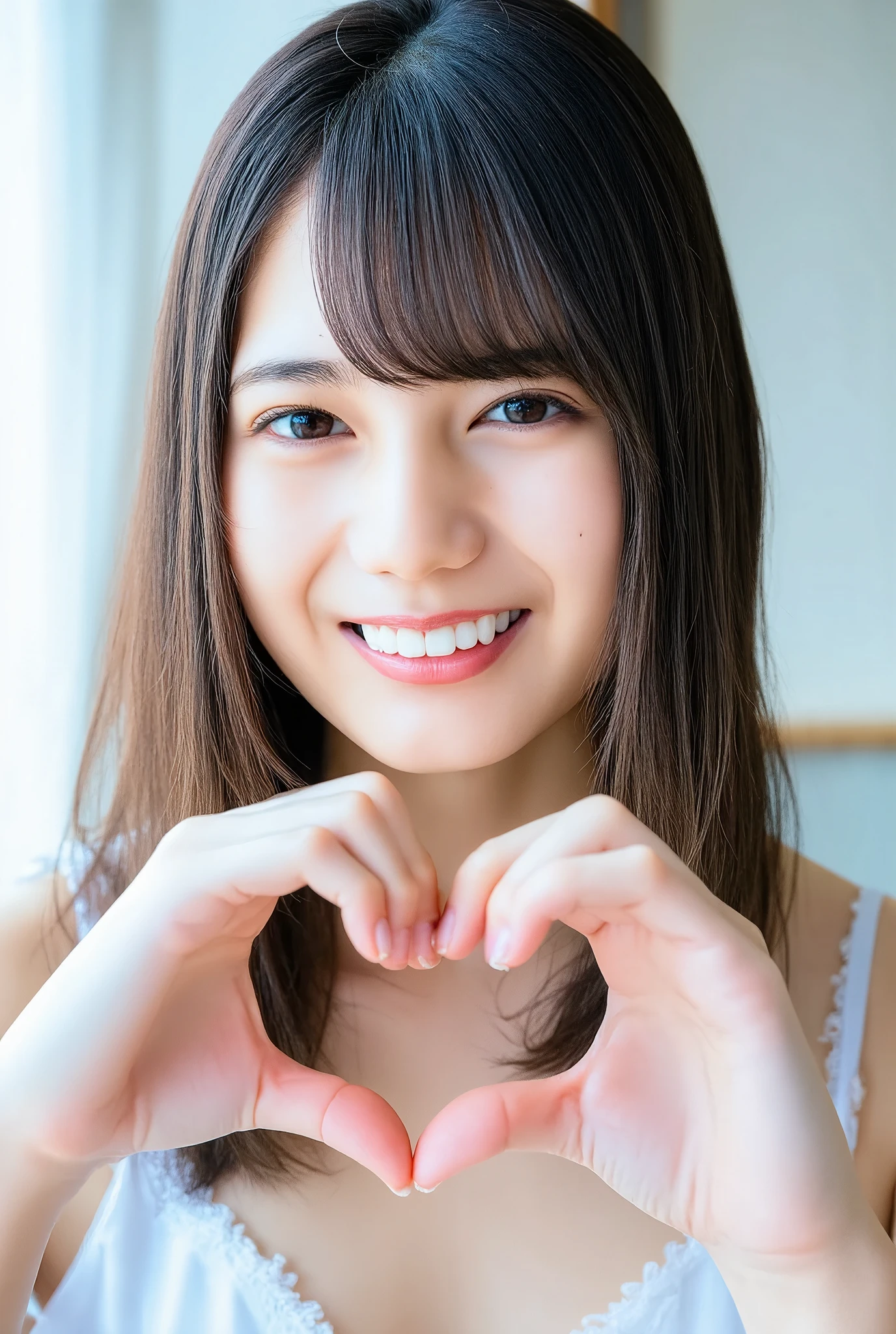 High image quality, 32K, Extremely precise and accurate anatomy, masterpiece, Realistic, Very detailed, photograph, High resolution, ((Heart shaped hands:2.78, Cute pose and cute hairstyle)), Smoother light, Official Art, Written boundary depth, Bright light, close, Detailed face, ((Smile 2.0)), Beautiful details in the eyes, Real textured skin, camisole