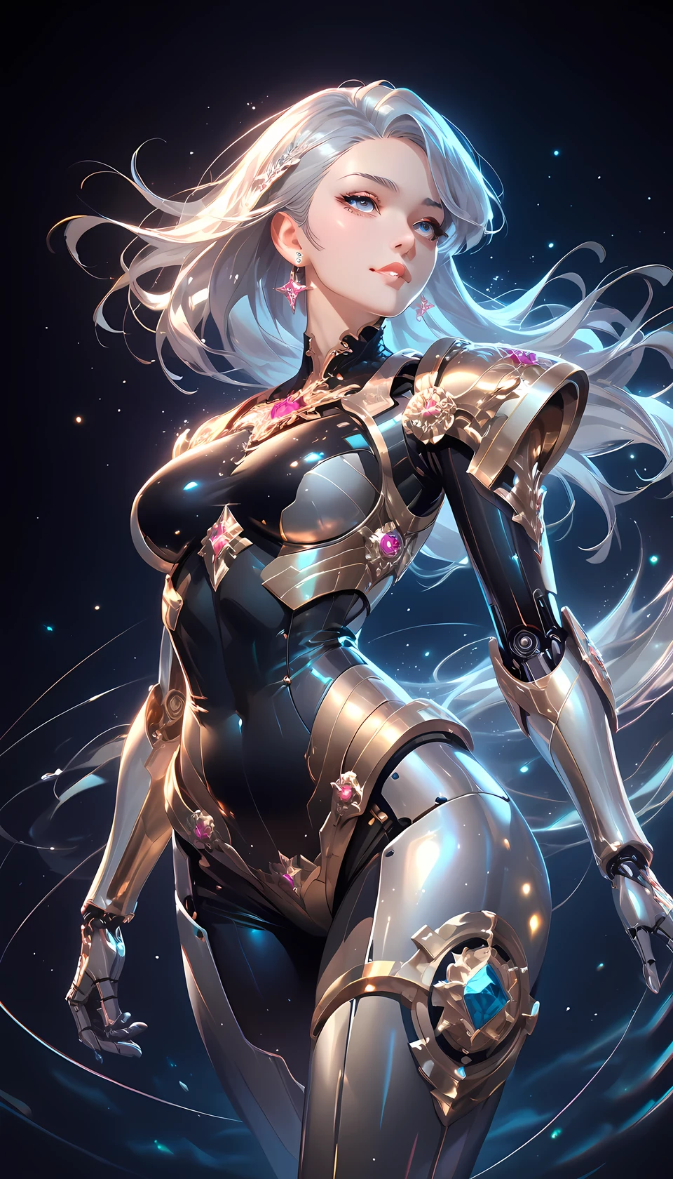 UHD, ((masterpiece)), (super detail:1.2), high quality, best quality, highres, 8k, cinematic lighting, sparkle, motion lines, Metallic body, silver hair, psychedelic, silver coated body, Metal Suit