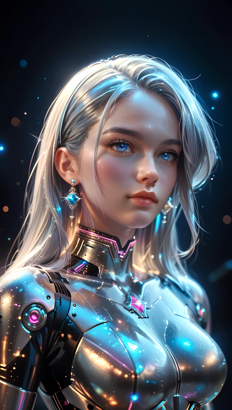 UHD, ((masterpiece)), (super detail:1.2), high quality, best quality, highres, 8k, cinematic lighting, sparkle, motion lines, Metallic body, silver hair, psychedelic, silver coated body, Metal Suit