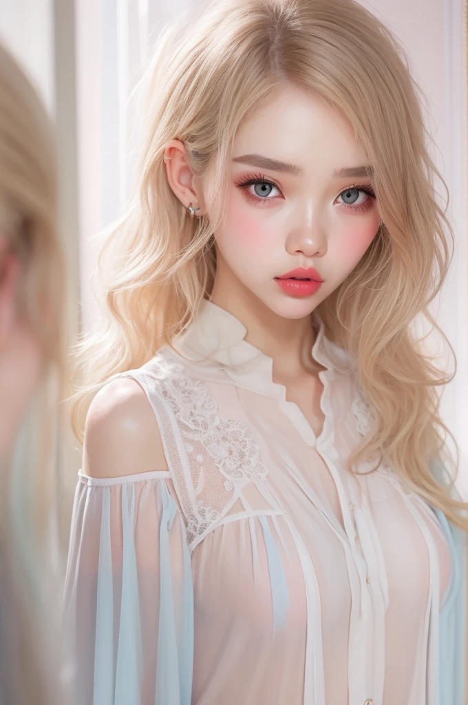 (detailed), studio lighting, hyper detailed, realistic portrait, Perfect Face.1 teenage girl, 、Blue eyes with well-defined double eyelids and long eyelashes, in the white girly dressroom backdrop, realistic face, detailed skin, ピンクblond long bob hair 、bangs covering forehead, extremely detailed lips, large mouth, full, plump, glossy light pink lips, natural-looking makeup, transparent lip gloss, with off-shoulder tops, photorealistic, ((Best Quality)), ((masterpiece)), high quality, 8k, masterpiece