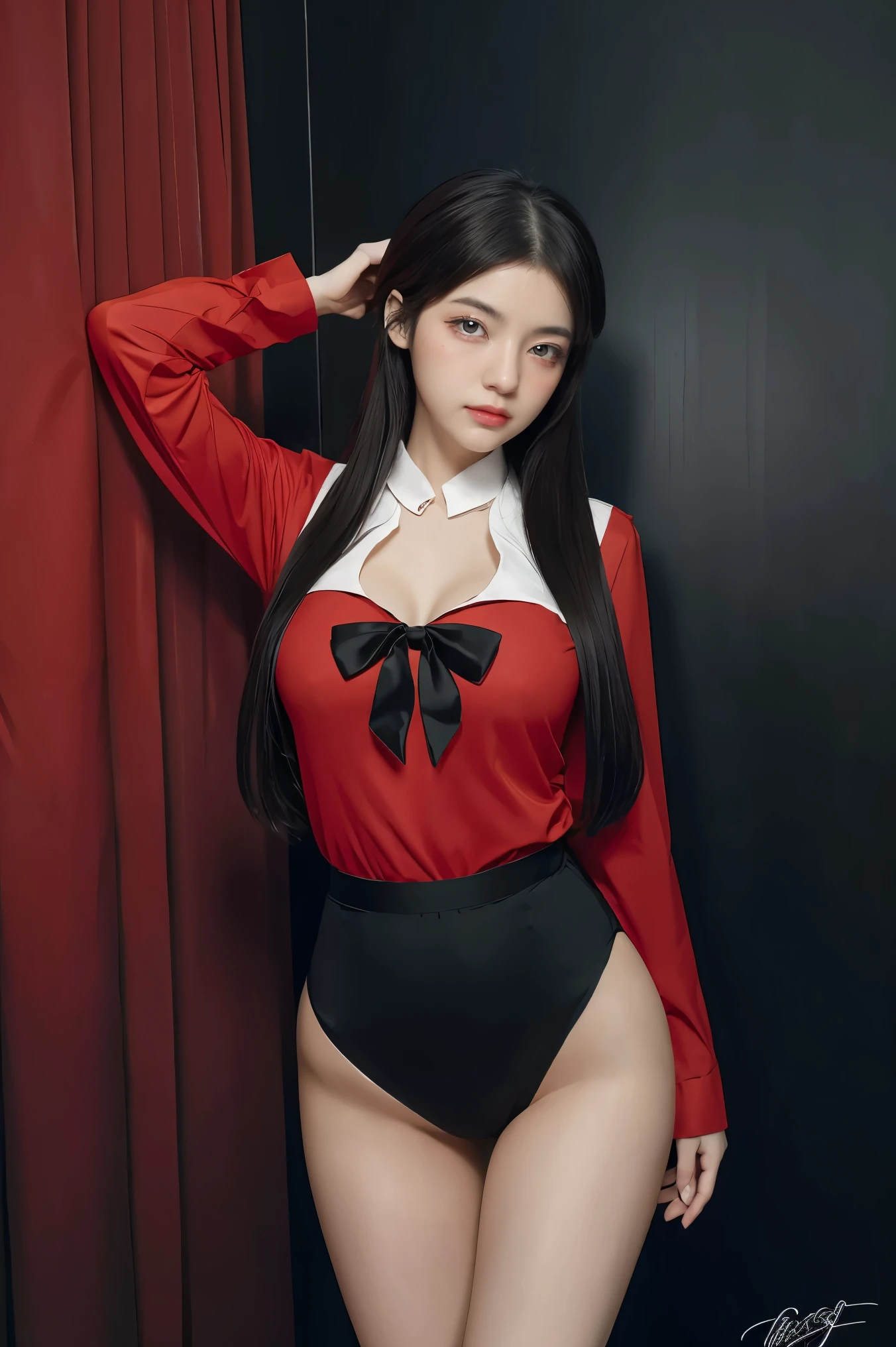 anime girl in red shirt and black tie posing for a photo, by Yang J, extremely detailed artegerm, Rin Tohsaka, artegerm jsc, guweiz style artwork, beautiful digital art, artegerm.  High detail, range murata and artegerm, style artegerm, even model |  artegerm