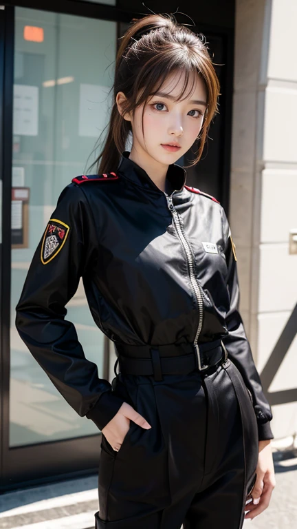 Caucasian anime girl wearing a black military coat with red lines on both arms , Black Pants, Brown hair in a ponytail. Mid-size and forward-facing 
