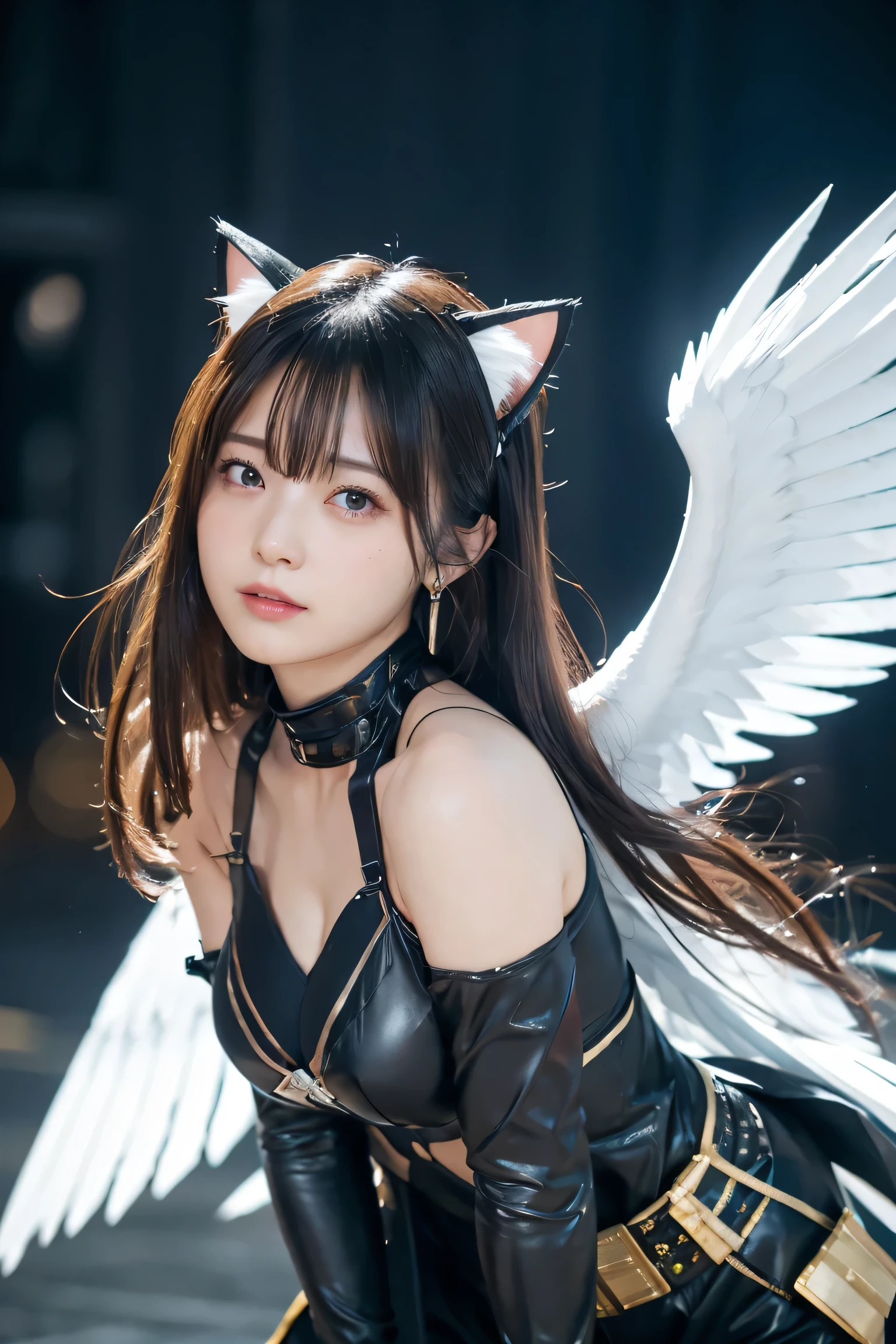 Best Quality, masterpiece, Ultra-high resolution, (reality: 1.4), Original photo, 1 female, Mature, A faint smile, very long Hair, Plump body, Cinema Lighting, From below, Kamen Rider Nago、Open chest armor、Top-down bottom-up、dorsal position、8k、cool、superhero、dark、A look of determination、Battlefield Background、Bust Up、Chest is open、Iron Armor、Iron Cat Ears、Closed lips、Off the shoulder、Off Chest、Robot cat ears、White Wings、Earrings、Very cute face、Strong winds、Hair blowing in the wind、Full body photo