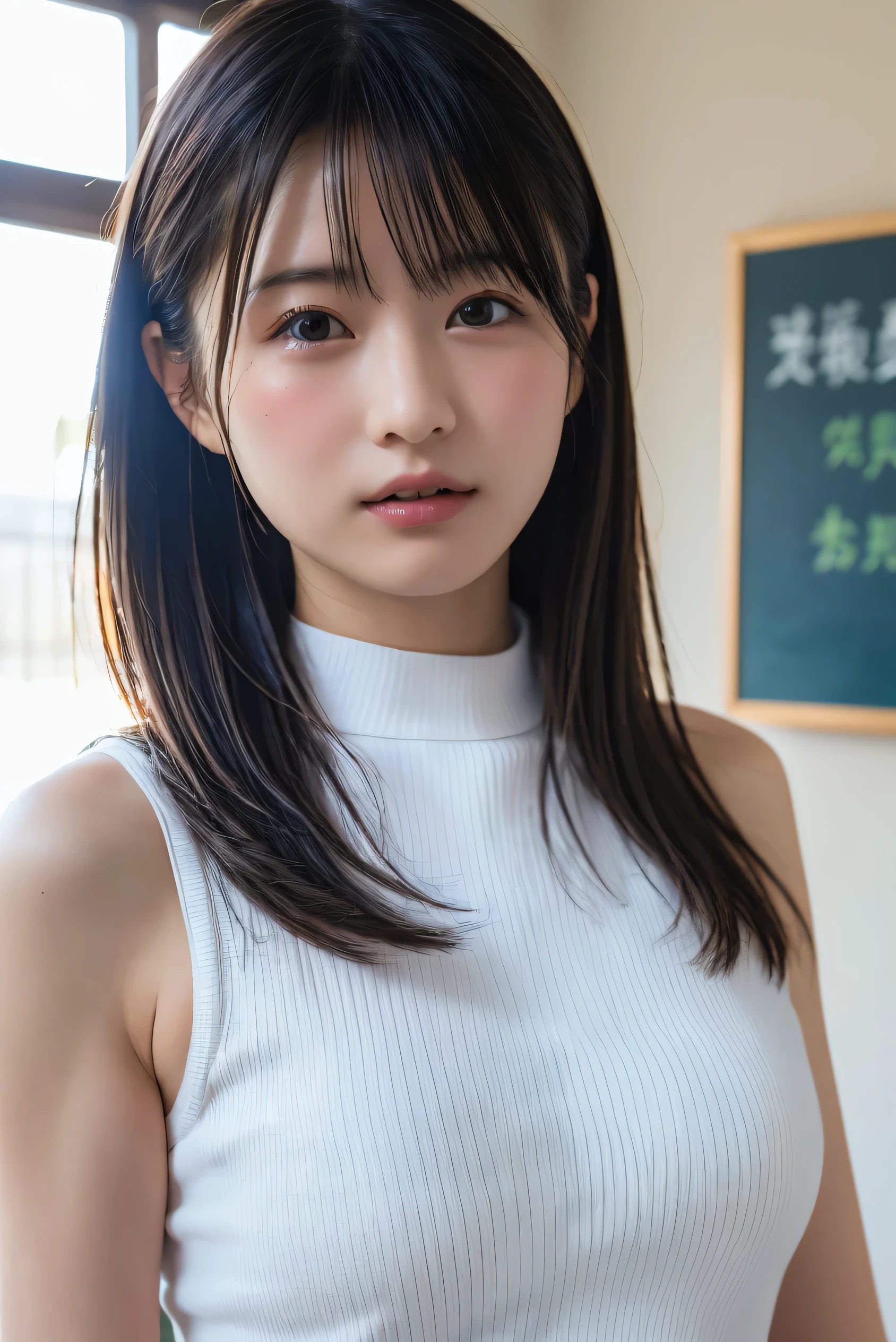 (8k, RAW Photos,highest quality, High resolution:1.1), (Ultra-realistic:1.4),(Realistic, Realistic:1.3),The Beauty of Japan、Rhythmic gymnastics club、Rhythmic Gymnastics Uniform、((Upper Body:1.3)),Maid Cafe、((Maid:1.3)),(Knitted sweater:1.3),Looking up、Shot from above、