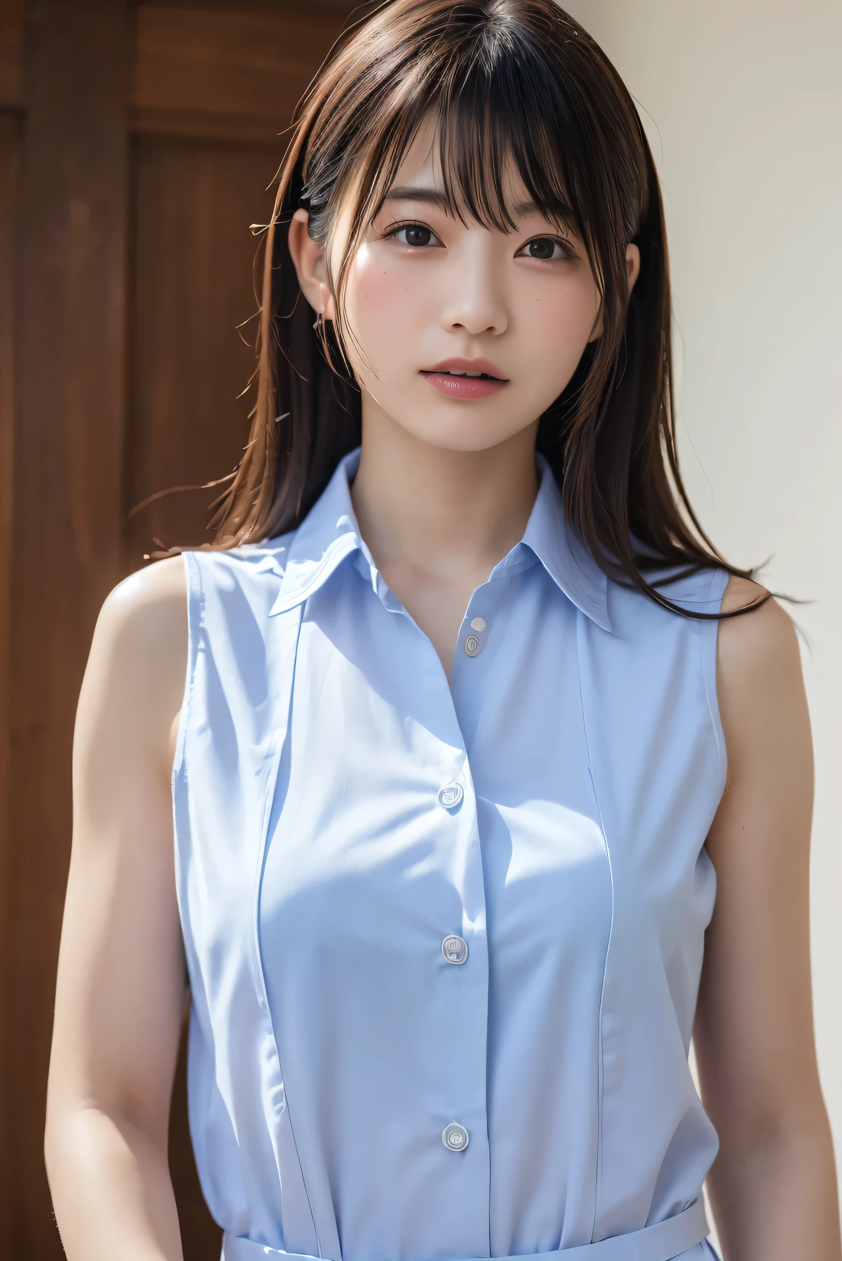 (8K, RAW photo, highest quality, high resolution: 1.1), (Ultra-realistic: 1.4), (Realistic, Realistic: 1.3), Japanese beauty, big breasts, white collared blouse, ((Upper body: 1.3)), has pink panties