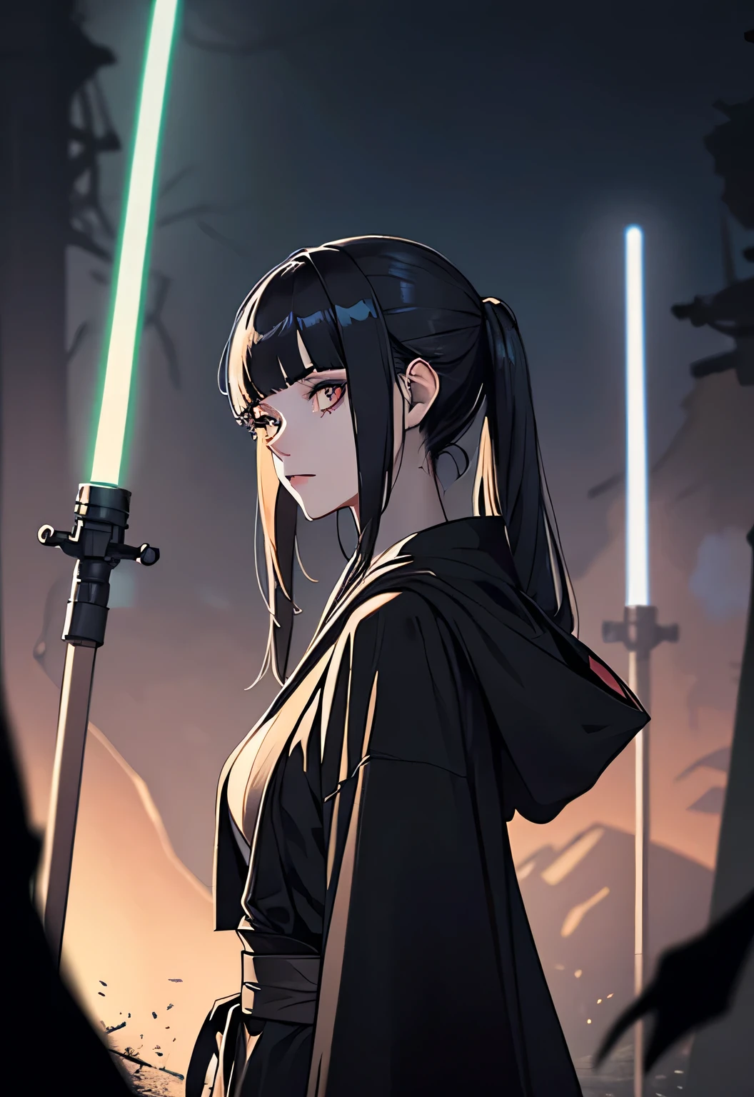 Shadow Face、Star Wars, jedi, black jedi robe、Black Robe, black belt,Star Wars concept art, Star Wars、jedi、Lightsabers、Black Robe、Jedi clothing、Black hoodを被る、Star Wars、beautiful girl、cute、Droopy eyes、Random hair color、Beautiful Long Hair、Straight hair、bangsBangs、bangs、hime cut、Big Breasts、Slim body、slim、(Best Quality,4K,High resolution,Masterpiece 1.2),Very detailed,Real 1.37,Spooky Background,Dark fantasy,Black Theme,Ominous atmosphere,Eye-catching,Anime Style,Concept Art,beautiful, Gentle features, pale Skin, night、Dim lighting、Dark Background, Cinema Lighting, Dramatic Shadows, Spooky atmosphere, Dark words, 1 person&#39;S, Red cheeks, ,(Lightsabers1.3),Ruins,(Wasteland 1.3),((Random hair color)), Female Curves, Sexy flat stomach, Perfect hands, Extend one hand、Perfect anime character face, (Black hood)), standing, ((Black Robe), ,(Star Wars 1.3), In the woods, Moonlight Illumination, Night lighting, jungle、Space Fantasy,SF, Skeleton Gas Light,Absurd, High resolution、 ((Star Wars)), ((Best Quality)), (Very detailedな), ((Very detailed)), (beautiful), ((cute)), 1 person,(1.6)、beautiful face、Full Body Ezbian、pale, Beautiful skin、Big Breasts、Beautiful body、Slim body、beautiful feet、Smiling Kindly、Dark Building Ruins、(Ruins 1.3)、Low angle full body shot、(Random Background 1.3)、(Random Lightsabers Color 1.3)、Spirits、Droopy eyes、bangs, Long Hair, Star Wars、jedi、Blue Lightsabers、Ready your Lightsabers、Star Wars Background、Ruins、In the woods、night、There are lots of clone troopers from STAR WARS CLONE WARS