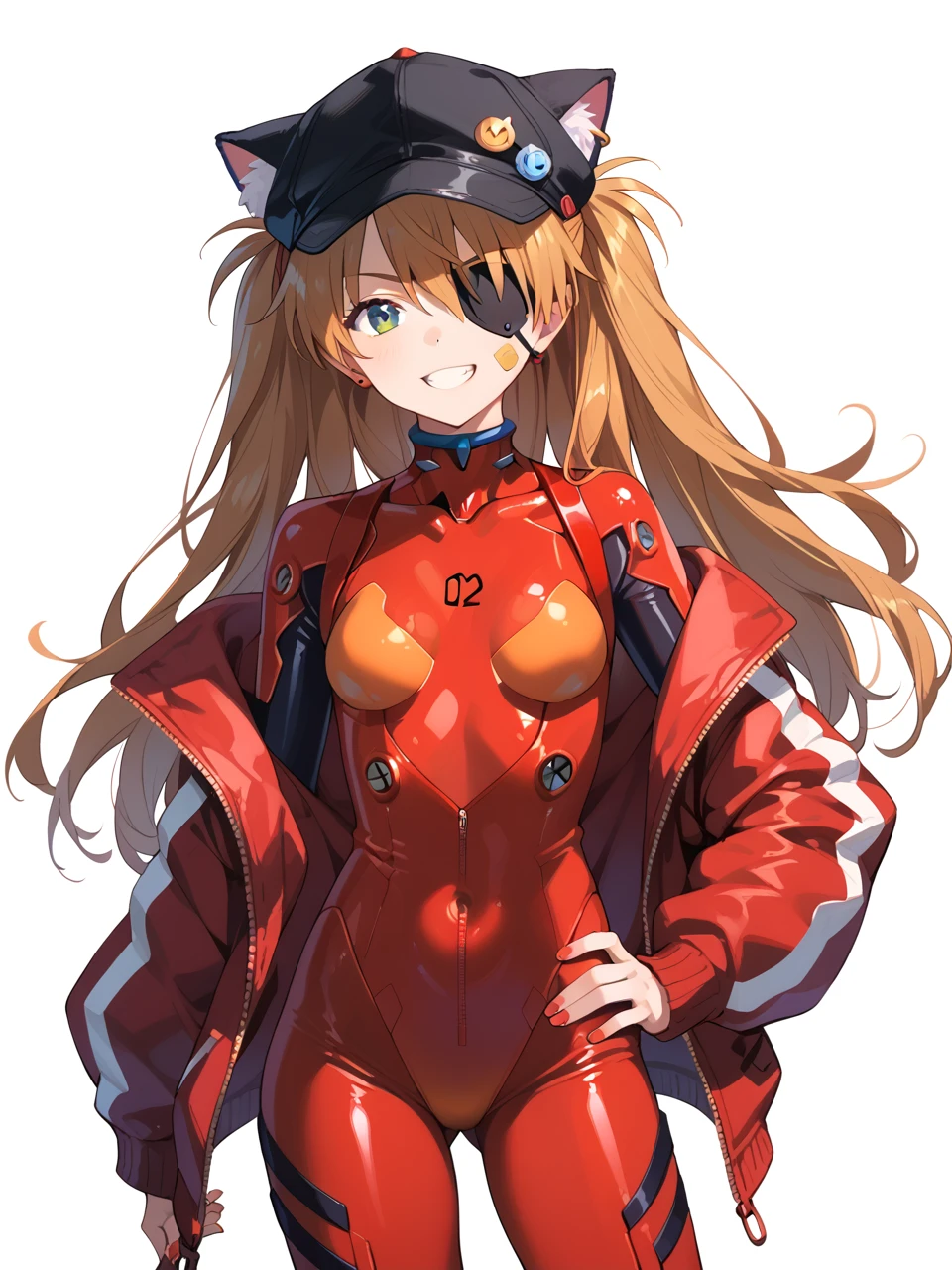 (masterpiece, Best Quality, detailed), One Girl, Simple Background、Cowboy Shot,
Soryu Asuka Langley, Red jacket, underwear bodysuit,Cat hat, Eye patch,  (tape)  smile