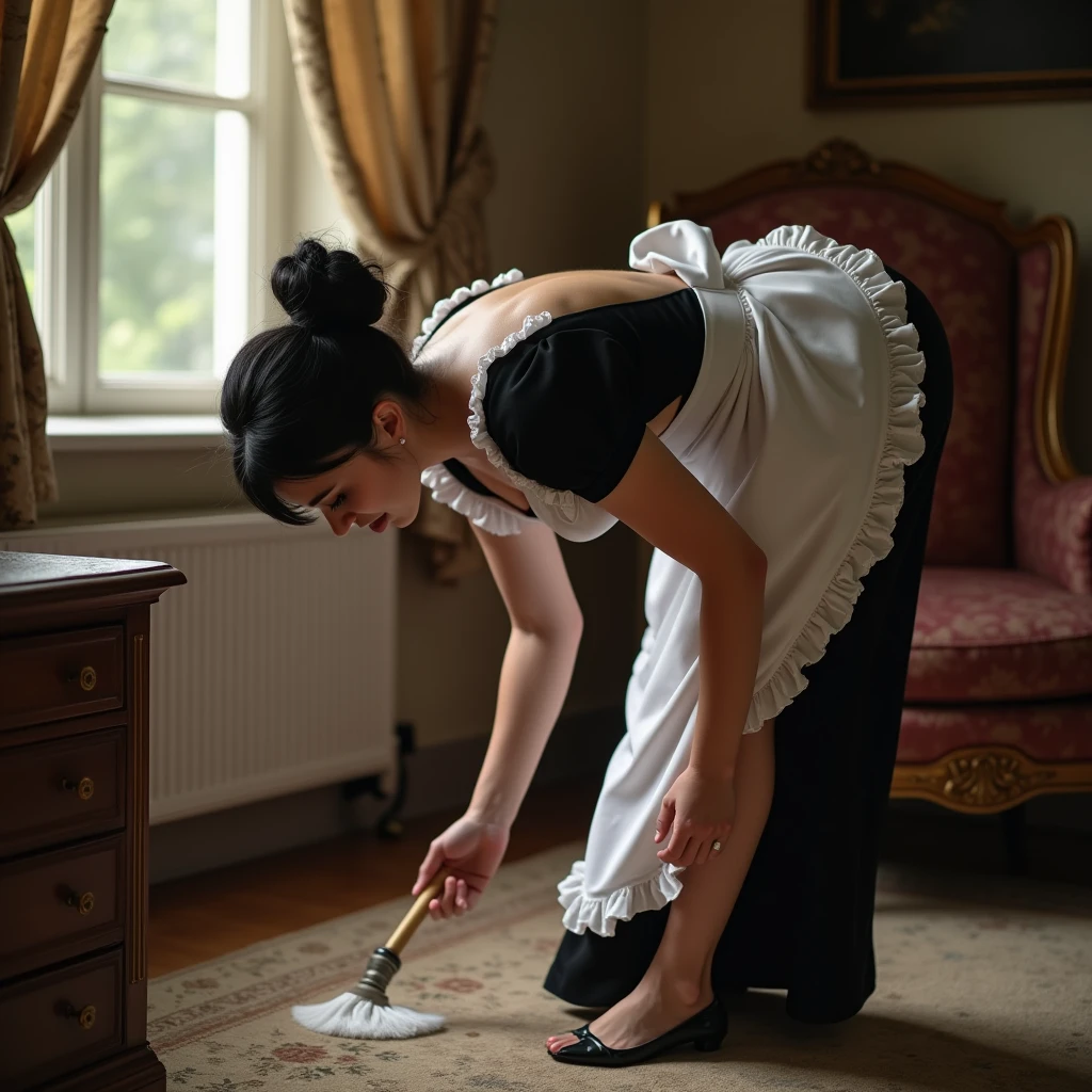 Cinderella, dressed still in her sparkling blue satin ballgown, kneels on the stone floor by the fireplace, scrubbing the caked-on dirt and grime with a brush. Her once-gleaming glass slippers are now scuffed and dirt-stained, but she hasn't bothered to take them off, her focus solely on the task at hand. Her hair, once styled in an elegant updo, has come undone, and strands of brown hair fall haphazardly around her flushed cheeks. She still wears her long, white satin gloves, now stained with soot and grime. Her face is smudged with soot and dirt, but her eyes still sparkle with the memory of the magical evening. Her movements are slow and deliberate, as if she is lost in thought, her mind still reeling from the events of the night. She continues to scrub the floor, a small smile playing at the corners of her lips. (housework) (messy)