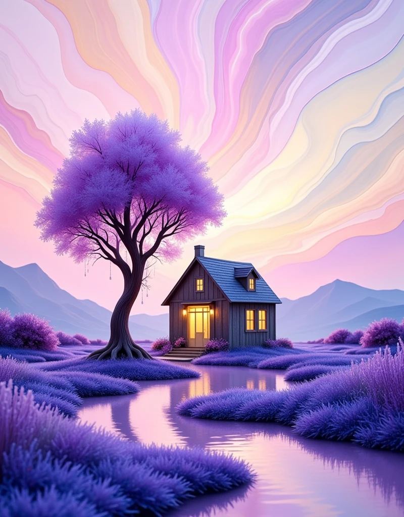 Resin style，Resin material，Resin Art，一幅异想天开的抽象Resin Art，Depicts a small house next to a tree，used、A palette of purple and lilac shades。This artwork is done in watercolor or alcohol ink technique，Smooth lines and splashes of color merge together，Create dreamy, ethereal landscapes。The sky is filled with soft and pink，The ground and surrounding areas are filled with dark purple and blue。The overall style is surreal and artistic，Combining elements of abstract art and realism。