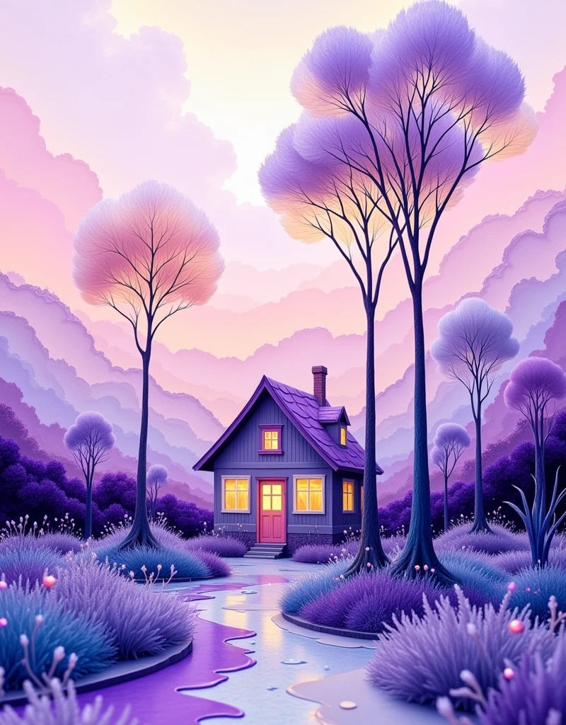 Resin style，Resin material，Resin Art，一幅异想天开的抽象Resin Art，Depicts a small house next to a tree，used、A palette of purple and lilac shades。This artwork is done in watercolor or alcohol ink technique，Smooth lines and splashes of color merge together，Create dreamy, ethereal landscapes。The sky is filled with soft and pink，The ground and surrounding areas are filled with dark purple and blue。The overall style is surreal and artistic，Combining elements of abstract art and realism。