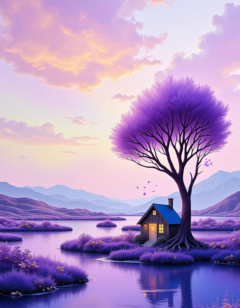 Resin style，Resin material，Resin Art，一幅异想天开的抽象Resin Art，Depicts a small house next to a tree，used、A palette of purple and lilac shades。This artwork is done in watercolor or alcohol ink technique，Smooth lines and splashes of color merge together，Create dreamy, ethereal landscapes。The sky is filled with soft and pink，The ground and surrounding areas are filled with dark purple and blue。The overall style is surreal and artistic，Combining elements of abstract art and realism。