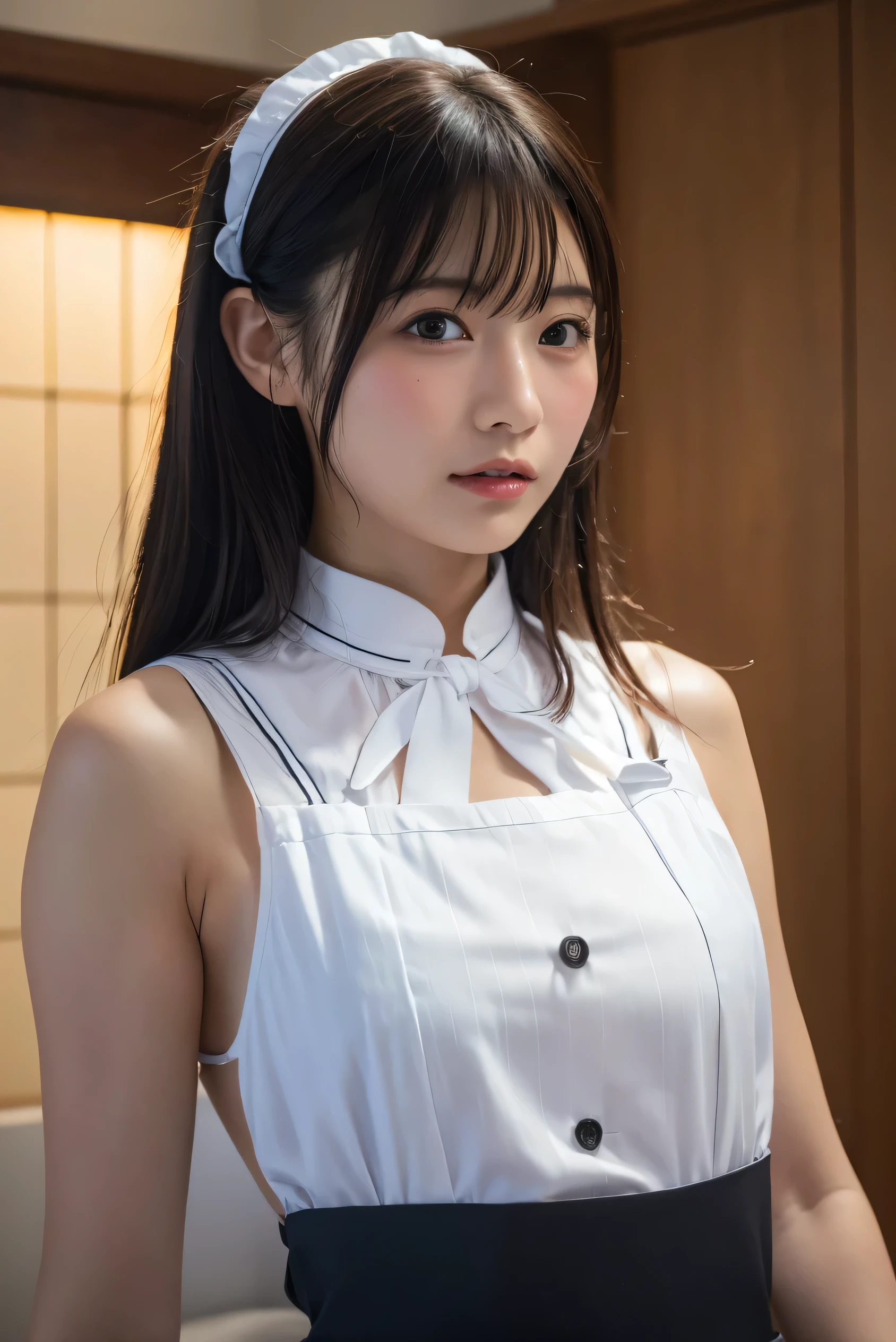 (8k, RAW Photos,highest quality, High resolution:1.1), (Ultra-realistic:1.4),(Realistic, Realistic:1.3),The Beauty of Japan、Rhythmic gymnastics club、Rhythmic Gymnastics Uniform、((Upper Body:1.3)),holding panties ,Maid Cafe、((Maid:1.3))