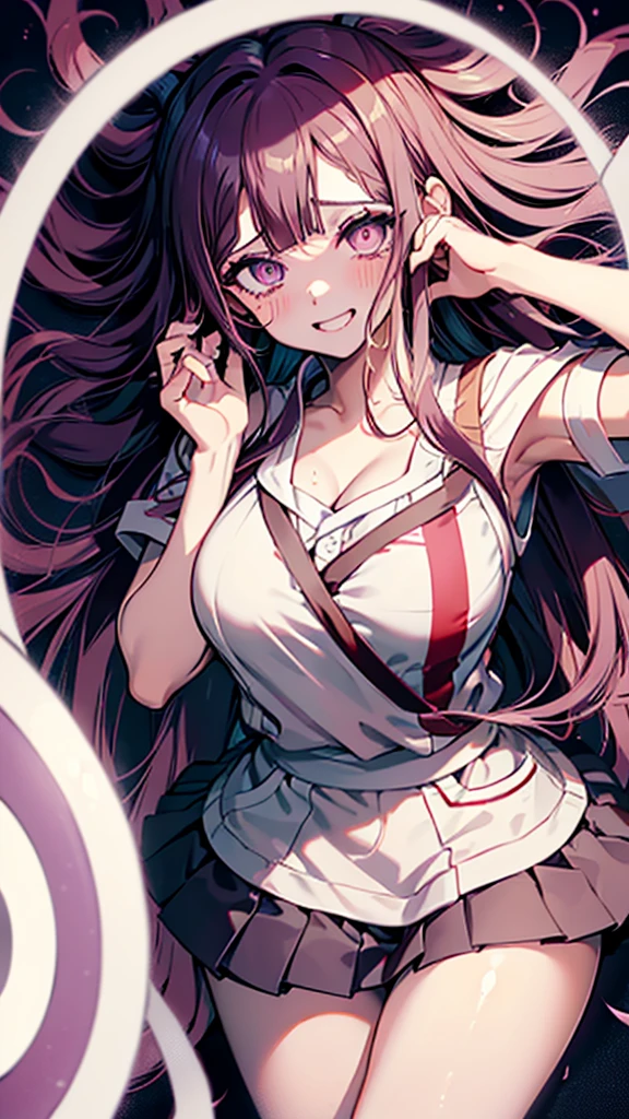 ((mikan tsumiki)),Long Hair,Purple Hair,(Purple eyes:1.1),bangs, blunt bangs,Patsun,((in danganronpa styles:1.4)), shy break (apron), bandageを巻かれた足,bandage,collared shirt, miniskirt,(pink shirt), pleated skirt, puffy Short sleeve, Puff sleeves,shirt,Short sleeve,skirt,two-tone shirt, White apron, white shirt,break looking at viewer,break ((sitting on the bed:1.1)),(dark bed room),((dark room)),Spread your arms,Sleeveless, (Place your arms behind your head),
break (masterpiece:1.2),High resolution, Unity 8K Wallpapers,Highly detailed face,(Perfect hands, Perfect Anatomy),(embraced:1.1),((whirlpool eyes:1.5)),((vulgarity ahegao:1.4)),((messy hair:1.3)),((big eyes:1.5)),(mental broken:1.1),((crazy smile:1.5)),(evel grin:1.4),(aroused:1.4),((ecstasy:1.4)),hands own cheek,(((extremely vulgarity:1.5))),((swirl eyes:1.5)),(disappear:1.2),((white heavy breathing:1.4)),(in heat:1.2),((white thin steam:1.3)),(nsfw:1.5),((bold seductive:1.3)),(sweaty:1.2),(orgasm:1.3),((vulgarity face:1.5)),((pupils facing upwards:1.5)),(blush:1.5),(pussy juice)