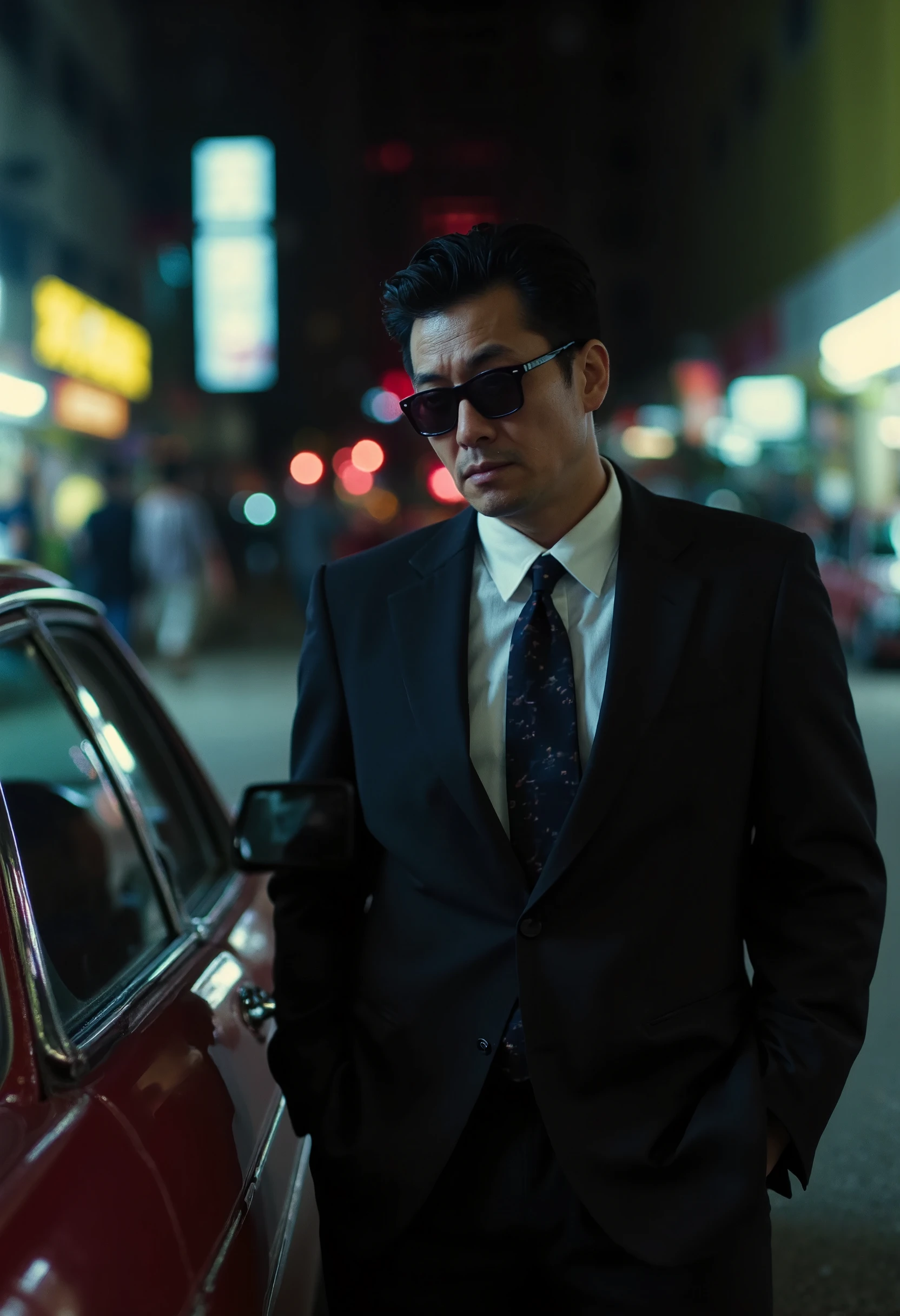 cinematography, realistic, retro, film grain, Wong Kar-Wai, dark lighting, solo, a middle age man in black suit and black sunglasses, stern expression, hand in pocket, he leaning against a car, blurry, bokeh