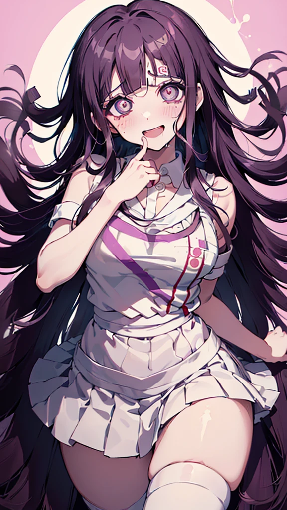 ((mikan tsumiki)),Long Hair,Purple Hair,(Purple eyes:1.1),bangs, blunt bangs,Patsun,((in danganronpa styles:1.4)), shy break (apron), bandageを巻かれた足,bandage,Collared shirt, miniskirt,(pink shirt), pleated skirt, puffy short sleeve, Puff sleeves,skirt,two-tone, White apron, White shirt,break ((nsfw:1.4)),break ((sitting on the bed:1.1)),(dark bed room),((dark room)),Spread your arms,Sleeveless, (Place your arms behind your head),
break (masterpiece:1.2),High resolution, Unity 8K Wallpapers,Highly detailed face,(Perfect hands, Perfect Anatomy),(embraced:1.1),((whirlpool eyes:1.5)),((vulgarity ahegao:1.4)),((messy hair:1.3)),((big eyes:1.5)),(mental broken:1.1),((crazy smile:1.5)),(evel grin:1.4),(aroused:1.4),((ecstasy:1.4)),hands own cheek,(((extremely vulgarity:1.5))),((swirl eyes:1.5)),(disappear:1.2),((white heavy breathing:1.4)),(in heat:1.2),((white thin steam:1.3)),((bold seductive:1.3)),(sweaty:1.2),(orgasm:1.3),((vulgarity face:1.5)),((pupils facing upwards:1.5)),(blush:1.5),(pussy juice)