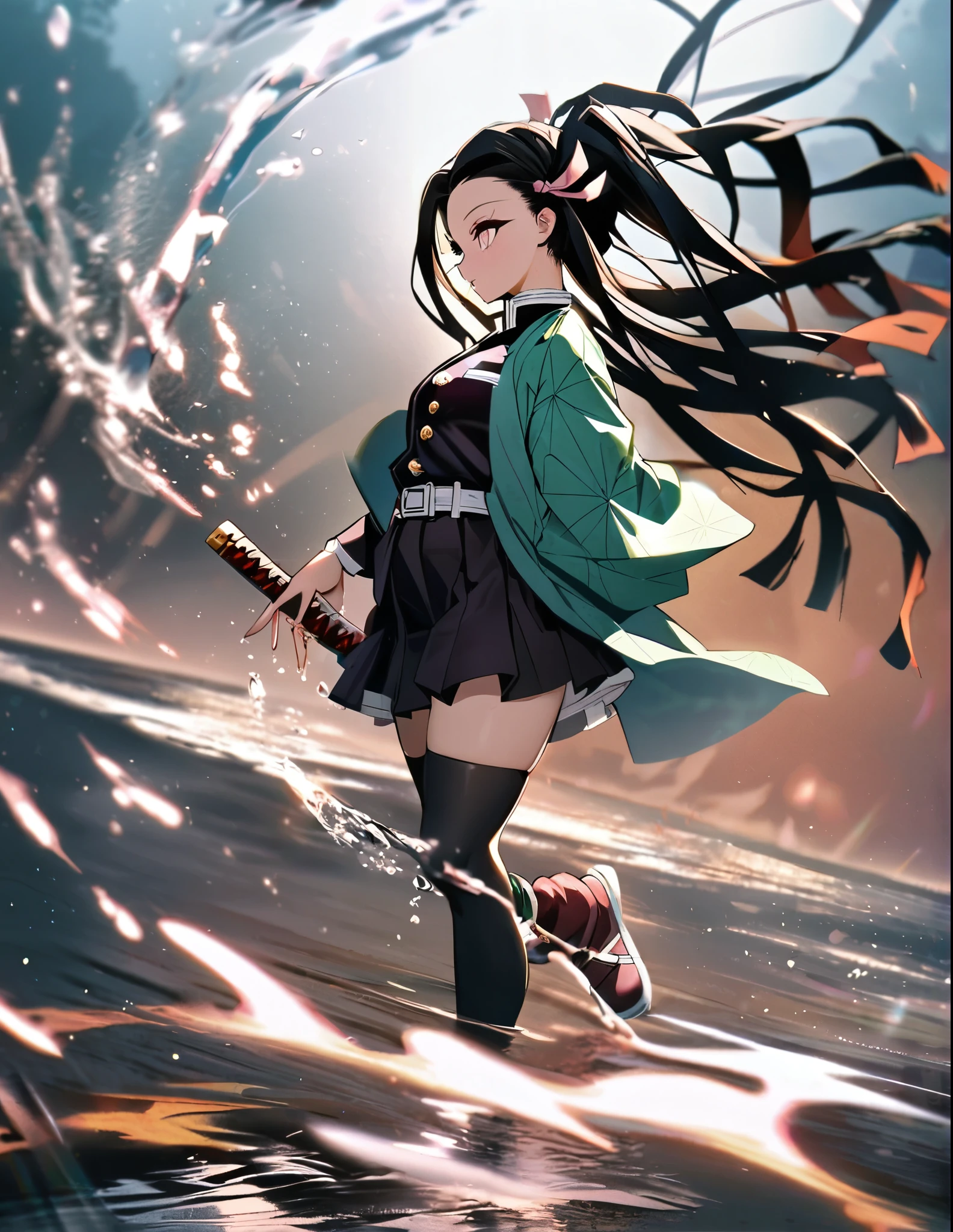 (best quality, masterpiece, ultra highres, ultra-detailed:1.2) ,1girl cosplaying as Nezuko Kamado from "Demon Slayer: Kimetsu no Yaiba",pink eyes, black hair, forehead,Holding a bamboo tube in his mouth, medium breasts, cowboy shot,at cosplay stage,