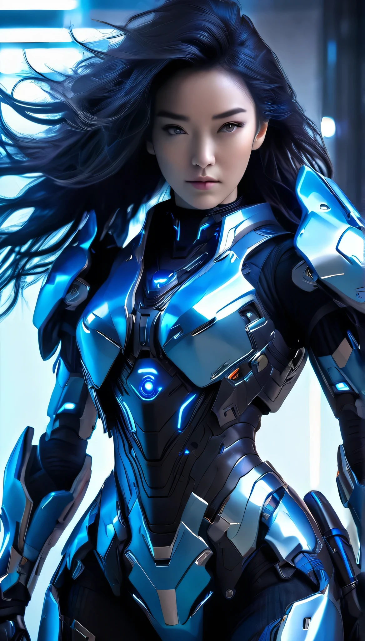 A woman wearing exoskeleton cyber armor, The armor fits snugly、She has a plasma gun in her hand., Full body portrait, Maximum details, Detailed drawings and excellent quality, 8k,chest, blue eyes, High resolution, 超High resolution, Best Quality, Shortcuts, ((Black Hair)), 大きなchest, Cinematic Lighting Effects, ((High tech spaceship interior with futuristic blue light lighting)), 