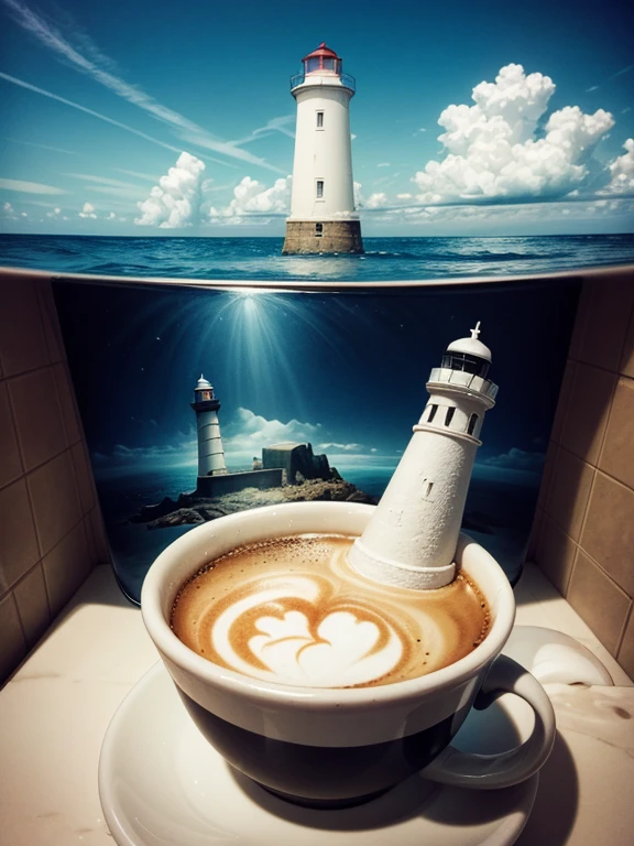 Abstract art, ( Surrealism ) a Surreal scene of a Lighthouse world, bath tub foam, Lighthouse in the middle of a bathtub, surrounded with silhouettes of coffee cups, ocean foam, 