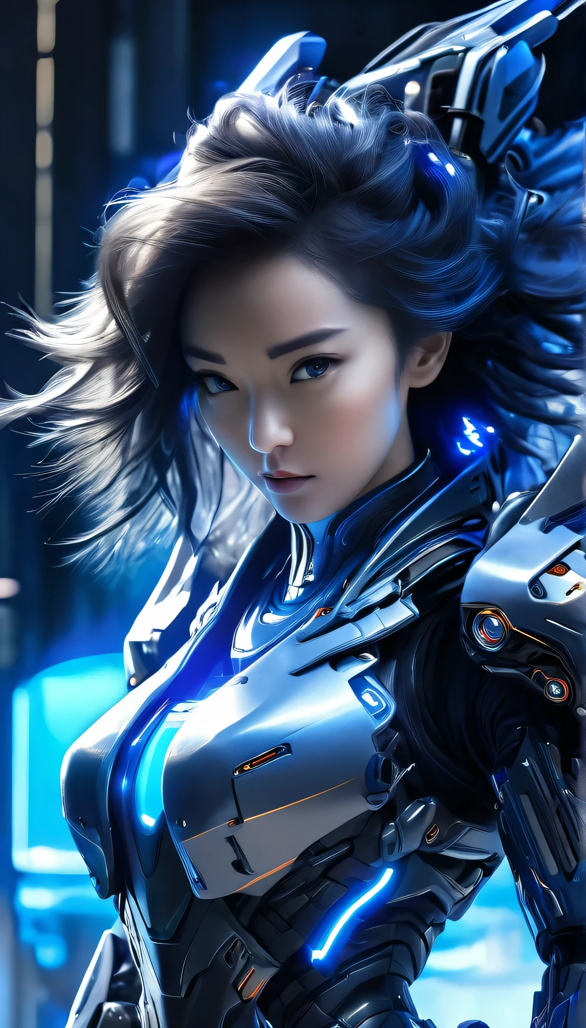 A woman wearing exoskeleton cyber armor, The armor fits snugly、She has a plasma gun in her hand., Full body portrait, Maximum details, Detailed drawings and excellent quality, 8k,chest, blue eyes, High resolution, 超High resolution, Best Quality, Shortcuts, ((Black Hair)), 大きなchest, Cinematic Lighting Effects, ((High tech spaceship interior with futuristic blue light lighting)), 