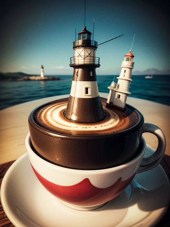 Abstract art, ( Surrealism ) a Surreal scene of a Lighthouse, coffee, Lighthouse in the middle of a coffee cup, surrounded with silhouettes of toys, 