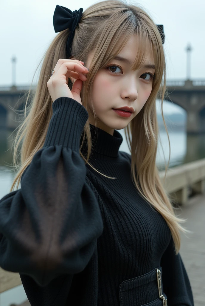 One girl,(Wearing a sleeveless turtleneck sweater:1.4),(RAW Photos, Highest quality), (Realistic, photo-Realistic:1.4), masterpiece, Very delicate and beautiful, Very detailed, 2k wallpaper, wonderful, In detail, Very detailed CG unity 8k wallpaper, Super detailed, High resolution, Soft Light, Beautiful detailed girl, Very detailed eyes and face, Beautifully detailed nose, Beautiful attention to detail,Cinema Lighting,Autumn scenery,Autumn maple tree,Outdoor,sunlight,Perfect Anatomy,Slender body,